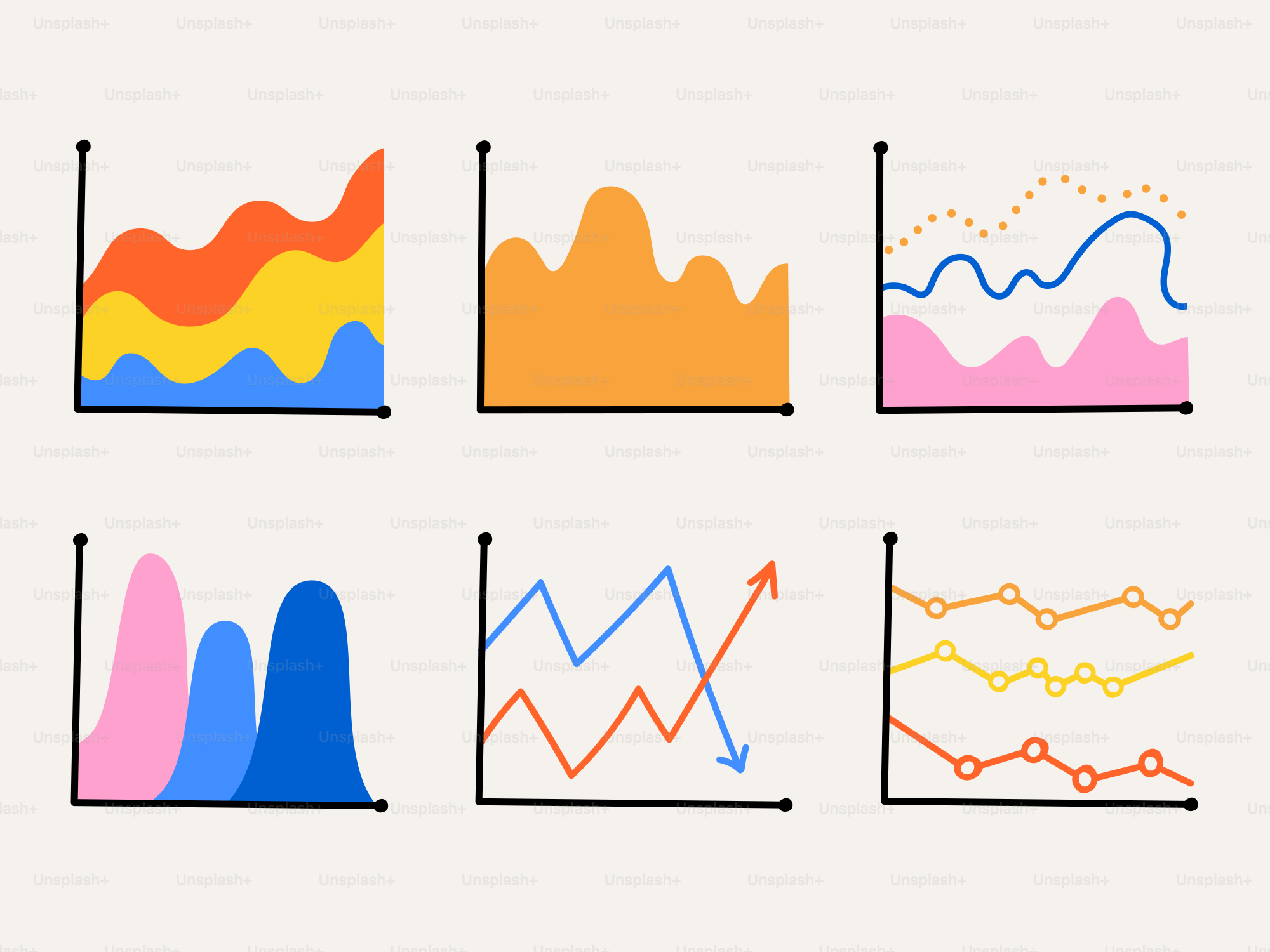 Seis coloridos gráficos abstractos de barras y líneas.