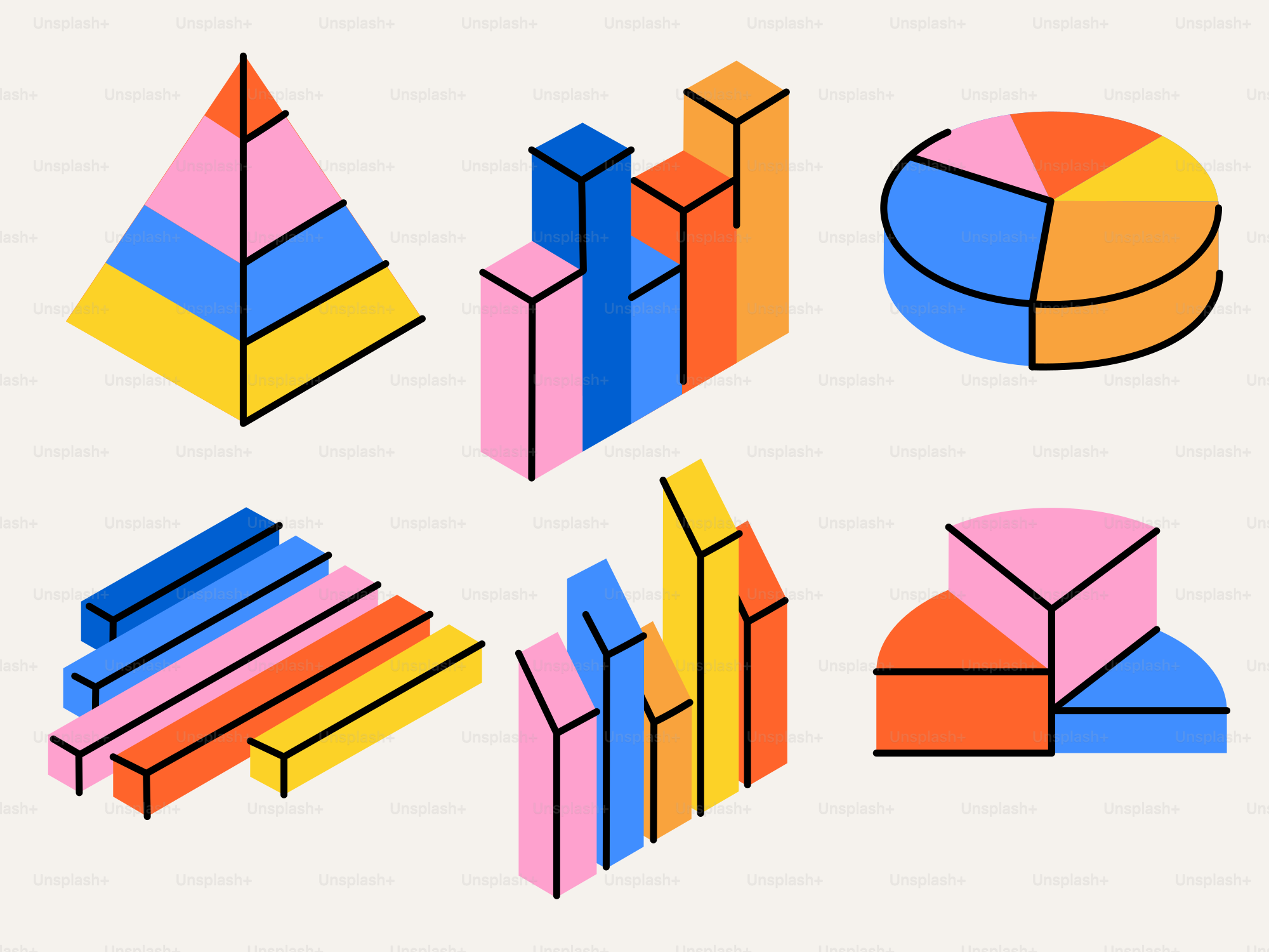 Colorful isometric bar charts and pie graphs