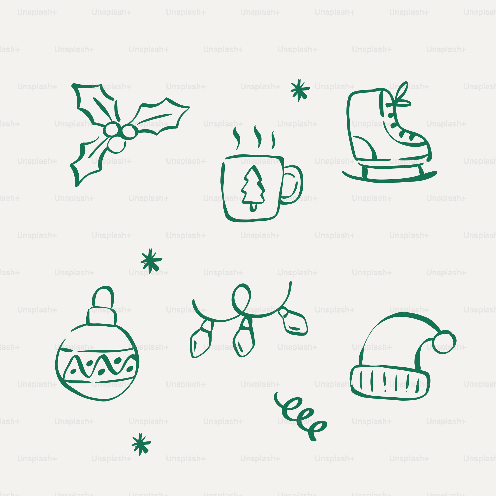 Gezeichnete Weihnachtsikonen wie Stechpalme, Schlittschuh und heiße Schokolade.