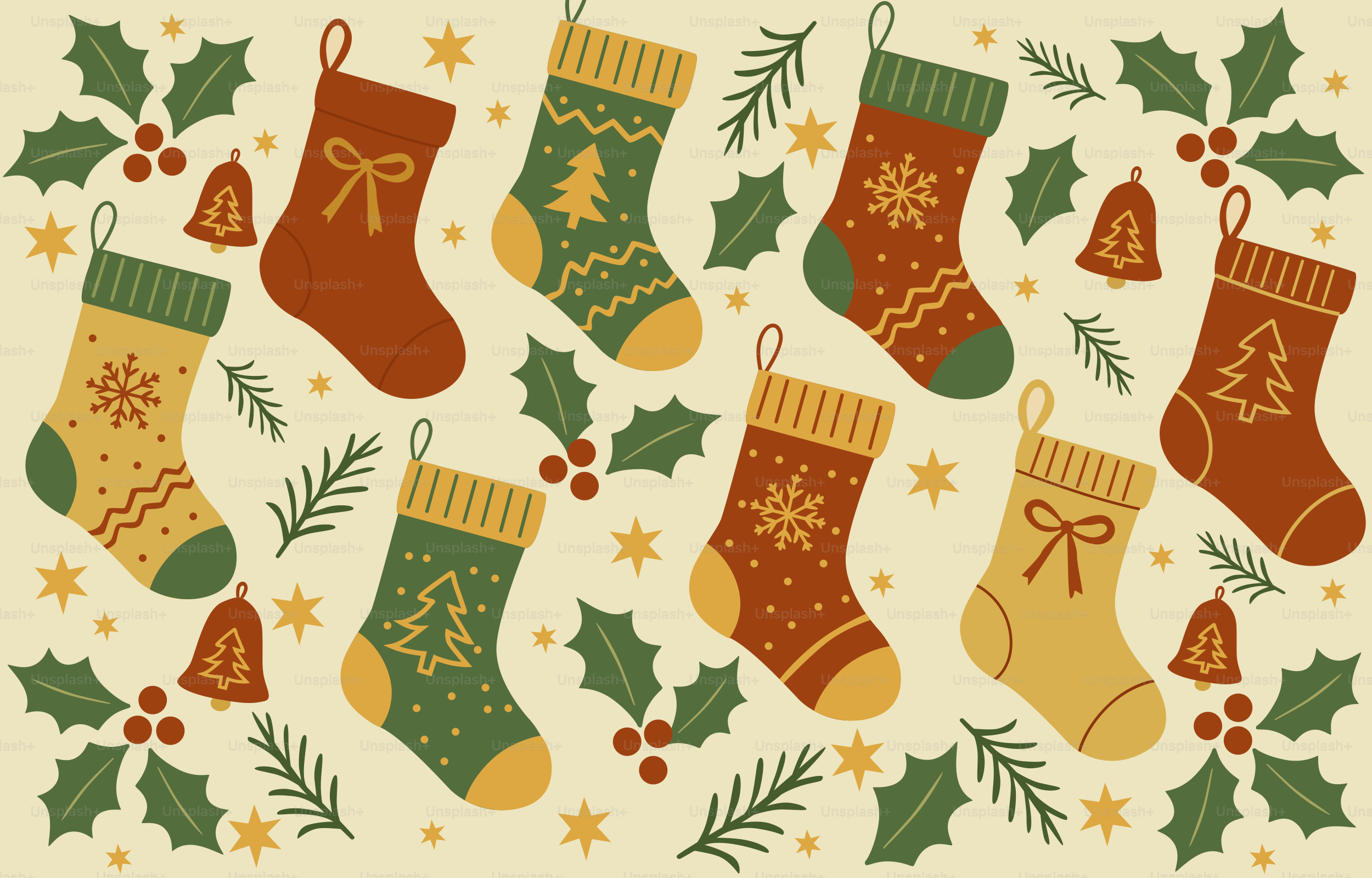 Christmas stockings with festive patterns and holiday designs.