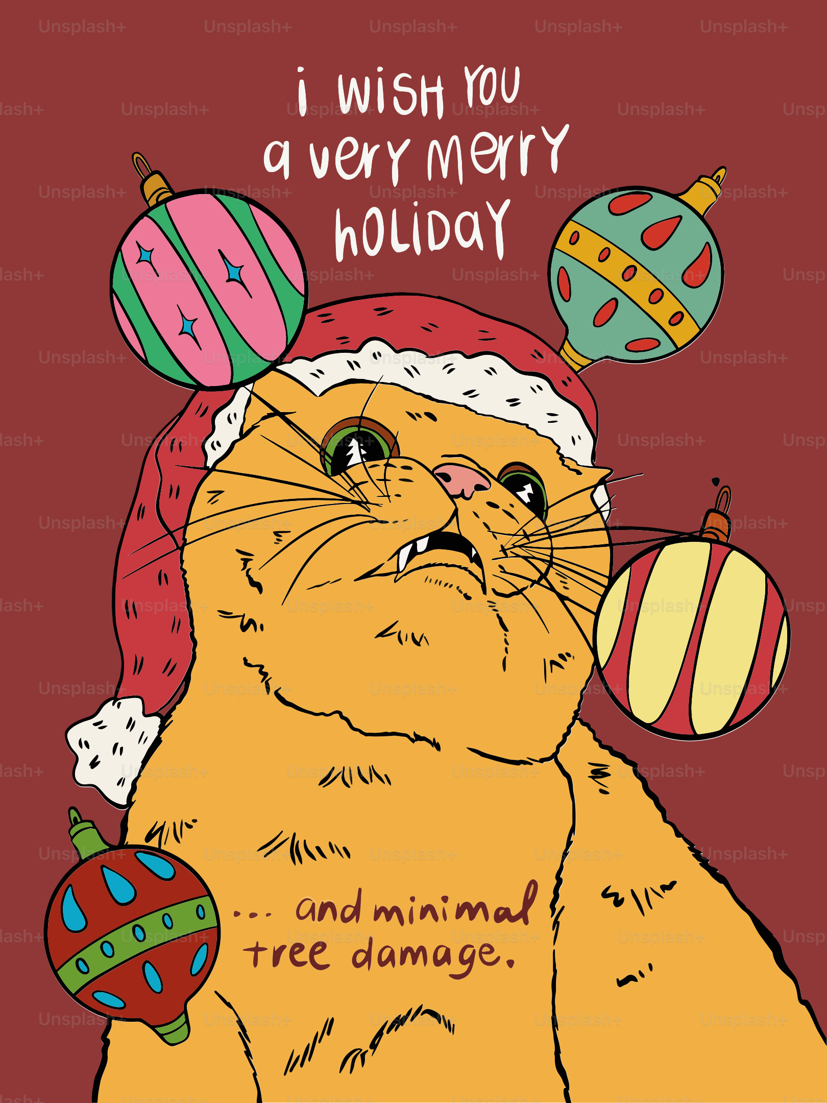 Um gato com chapéu de papai Noel com enfeites