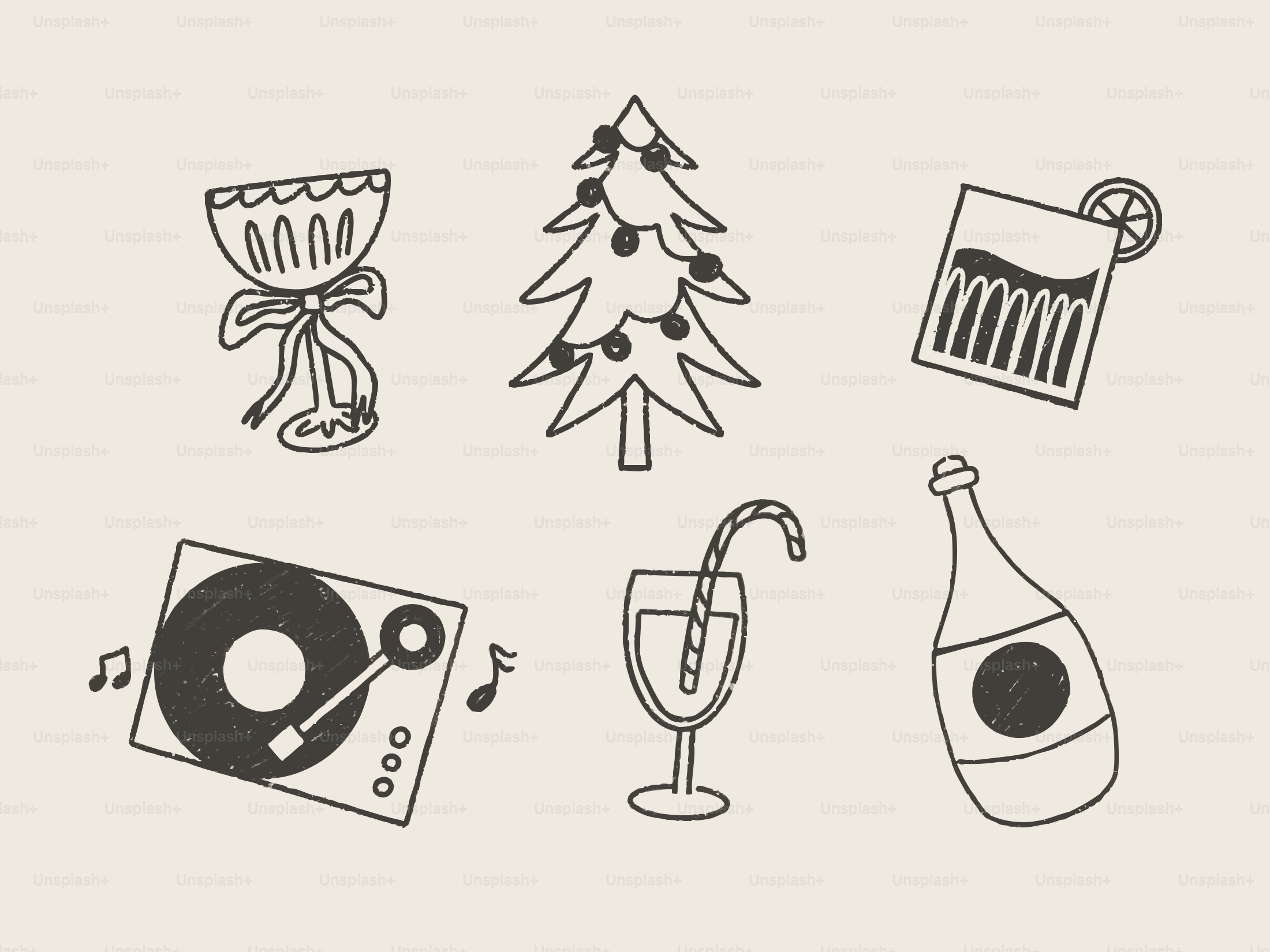 Christmas party icons: tree, drinks, and record player