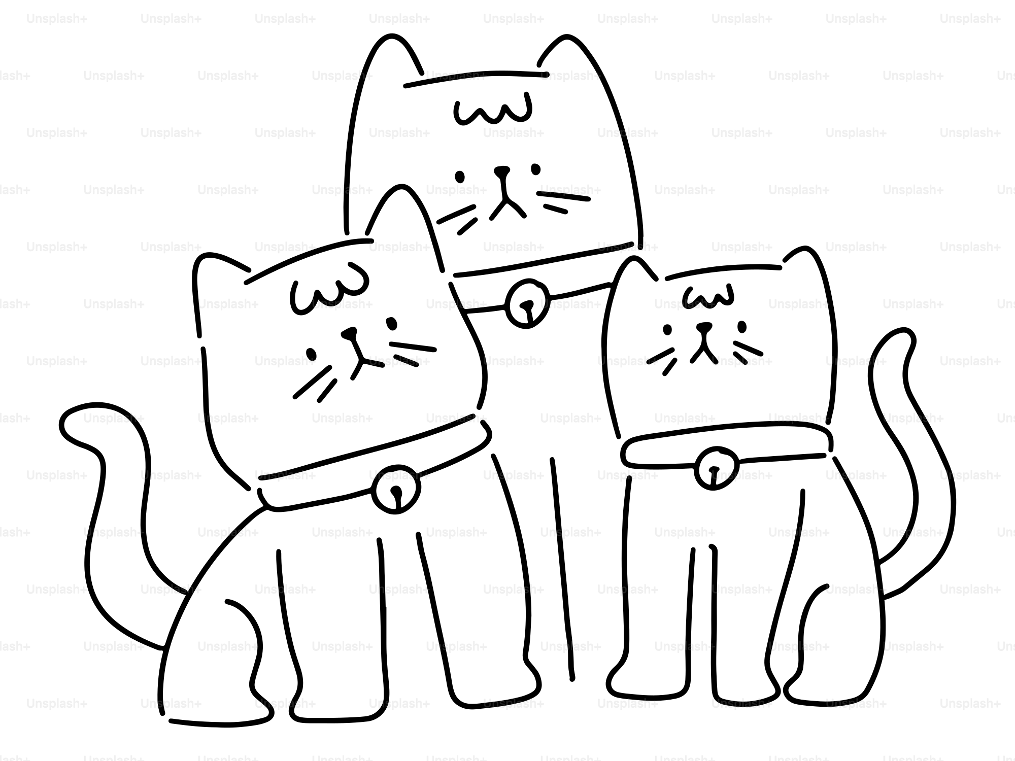 세 마리의 간단한 선 그림 고양이가 함께 앉아 있었다. 벡터 – Unsplash의 고양이 이미지, image size:3000x2250