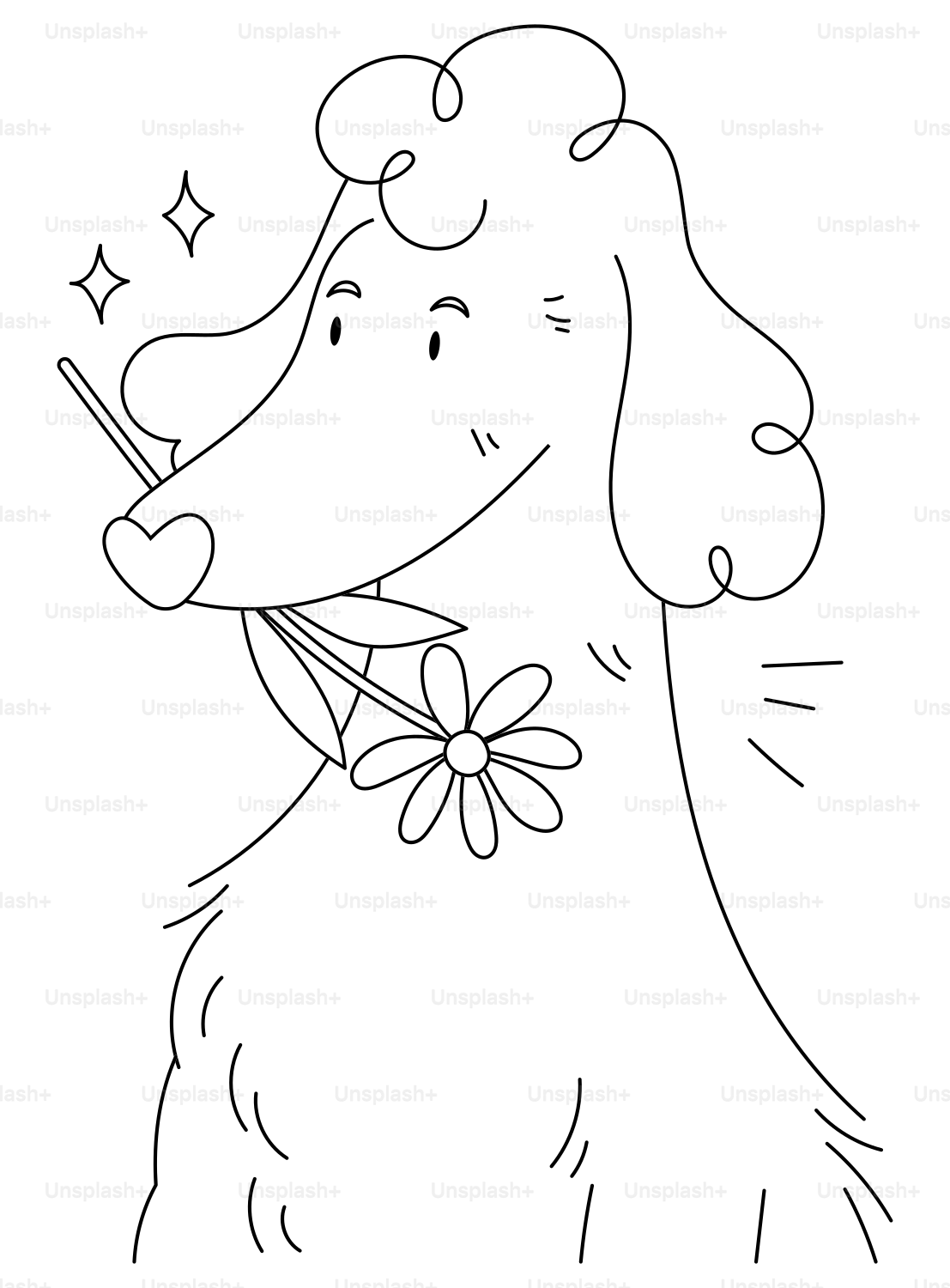 A stylized dog holds a flower in its mouth