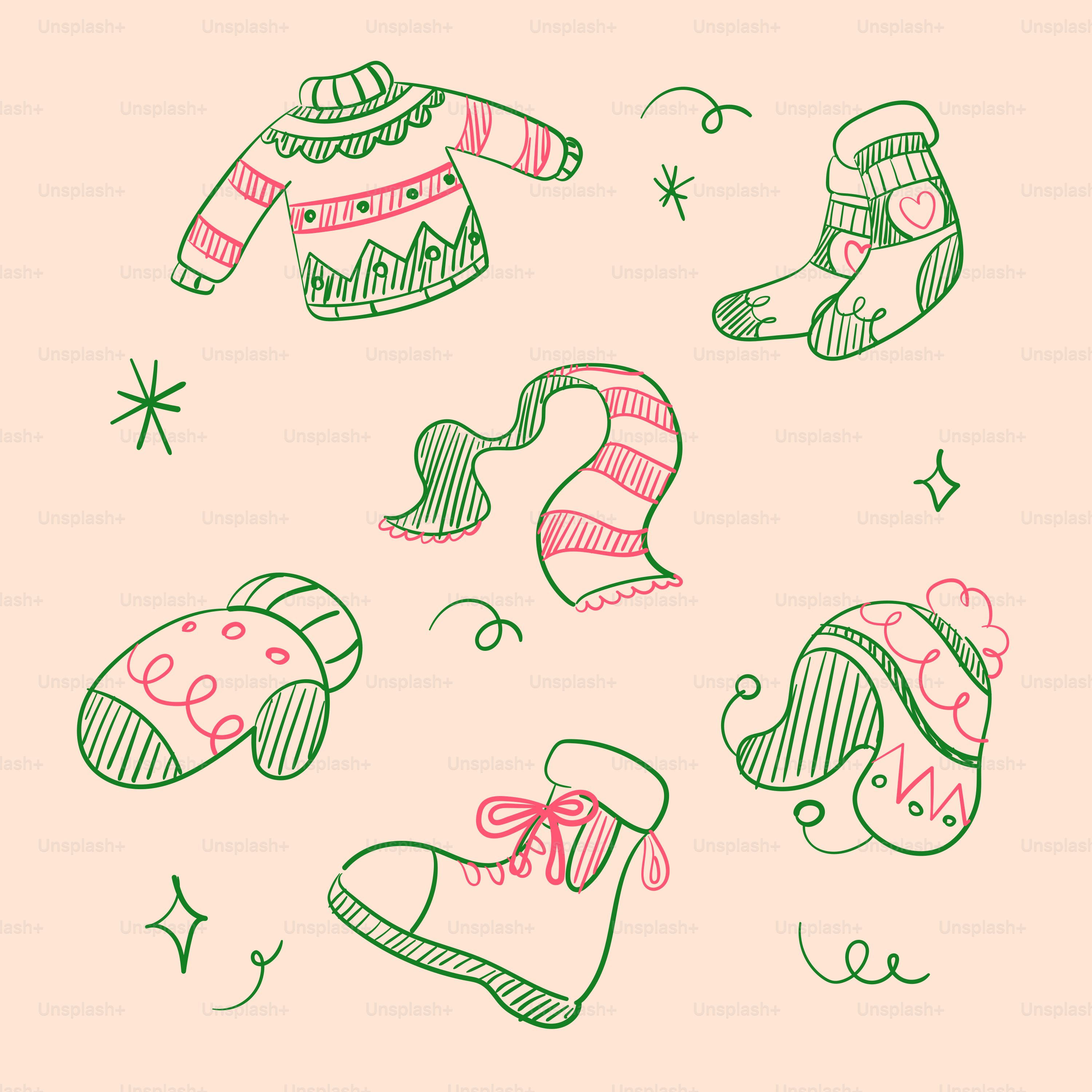 Winter clothing items arranged on a light background.