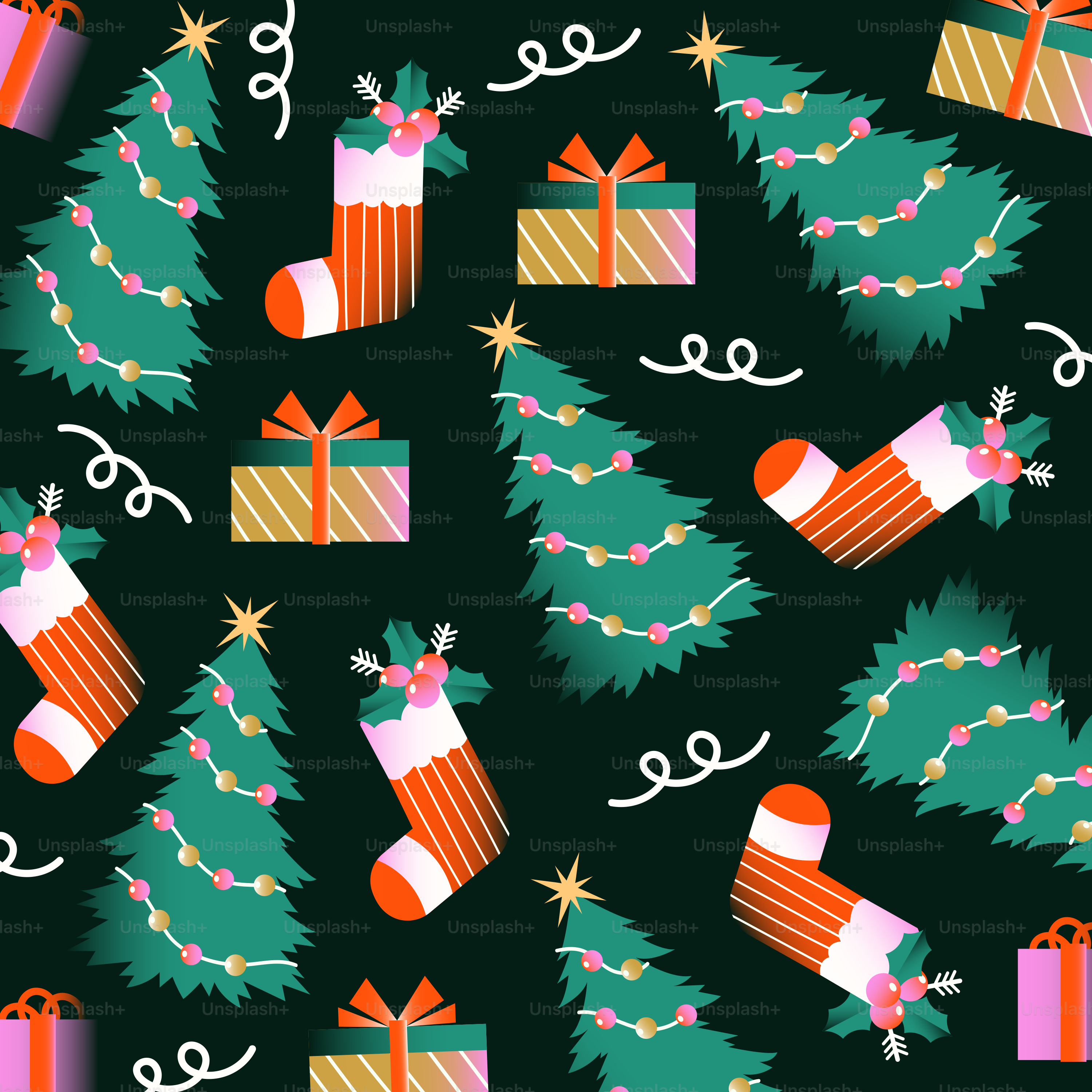 Christmas trees, gifts, and stockings on dark background.