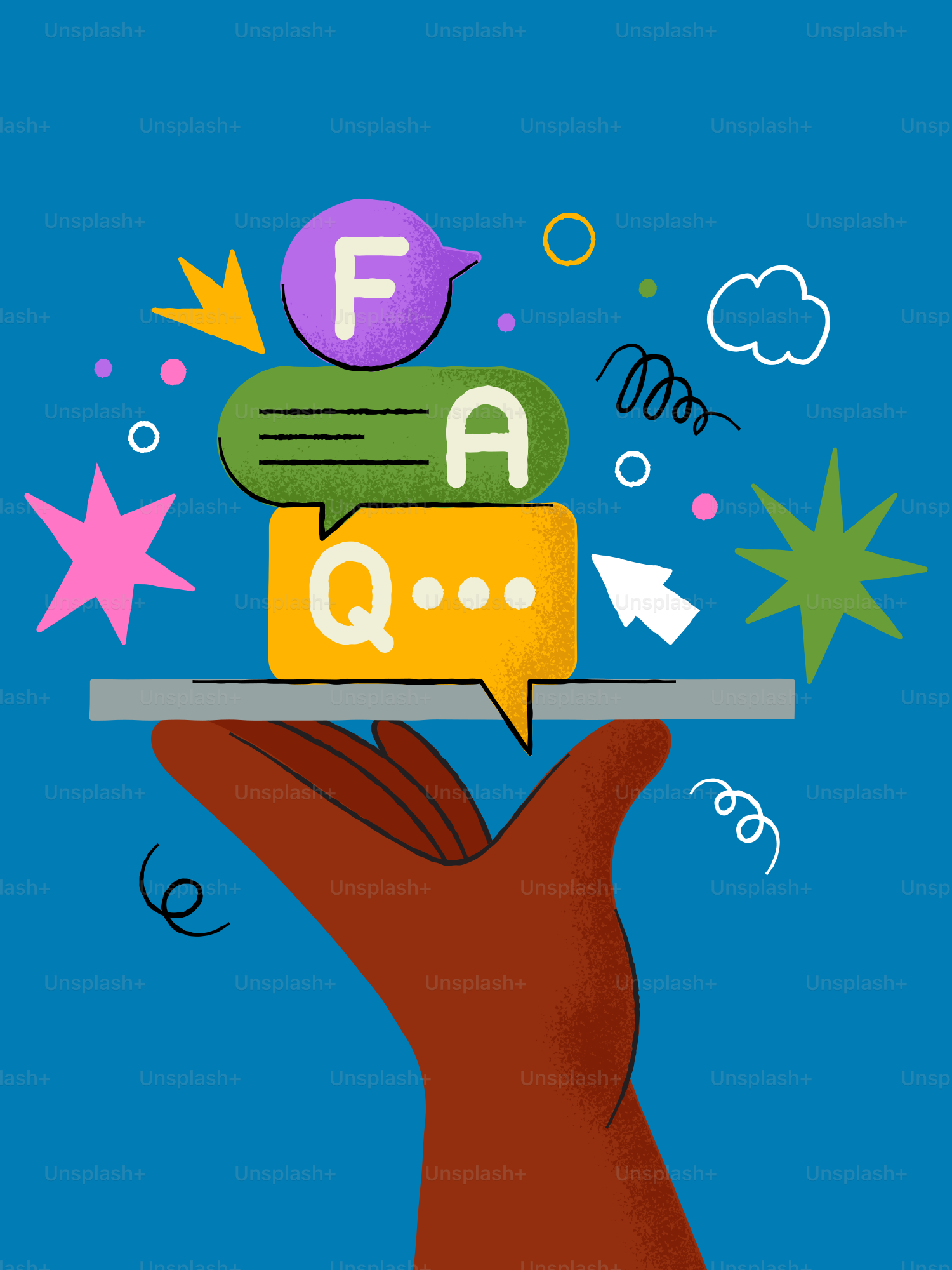 Hand holding stack of faq speech bubbles