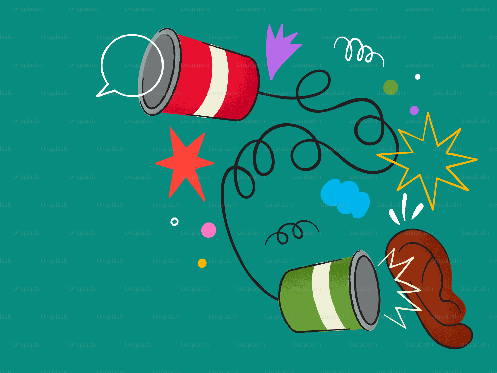 Two tin cans connected by string with speech bubbles.