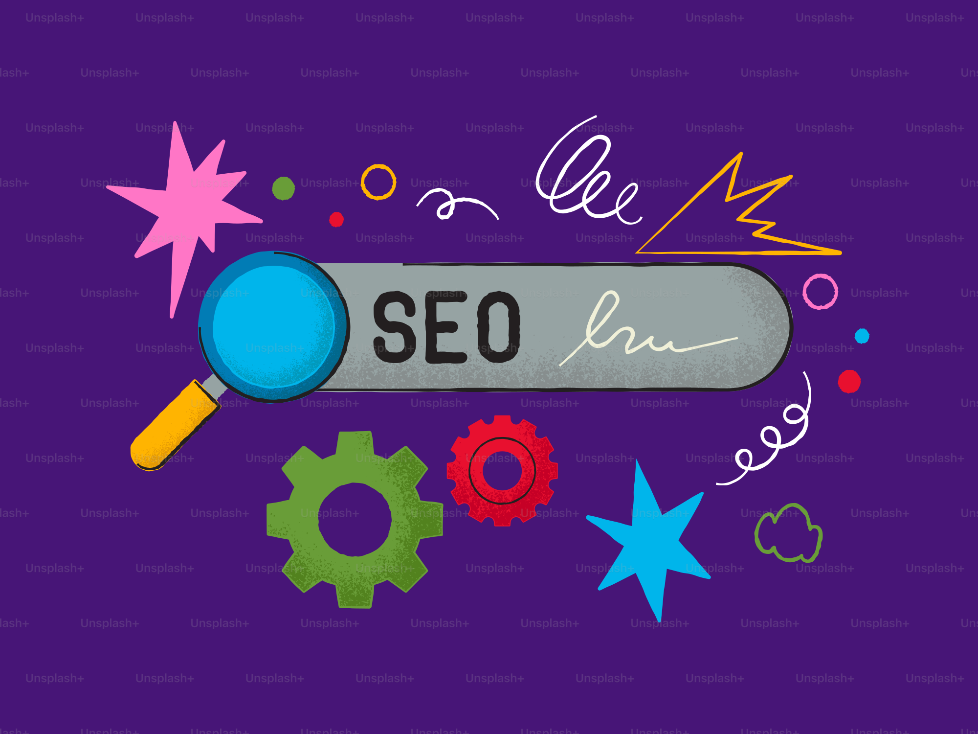 Barra de busca de SEO com lupa e elementos coloridos