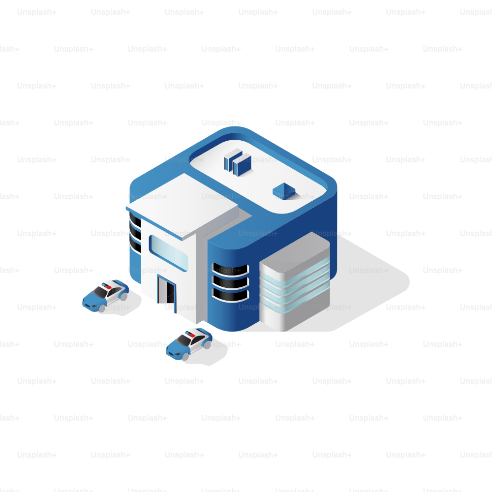 Modern police station with two patrol cars