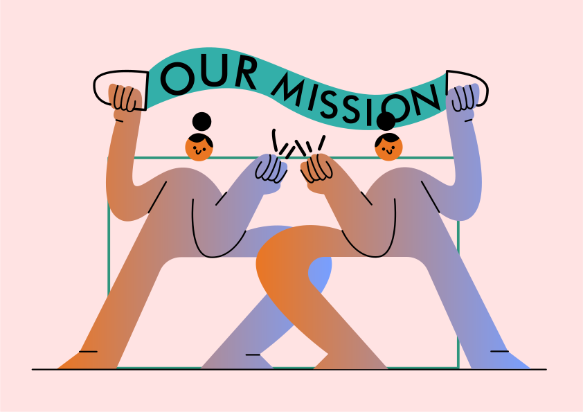 Zwei Figuren halten ein Banner mit dem Text "Unsere Mission" hoch.
