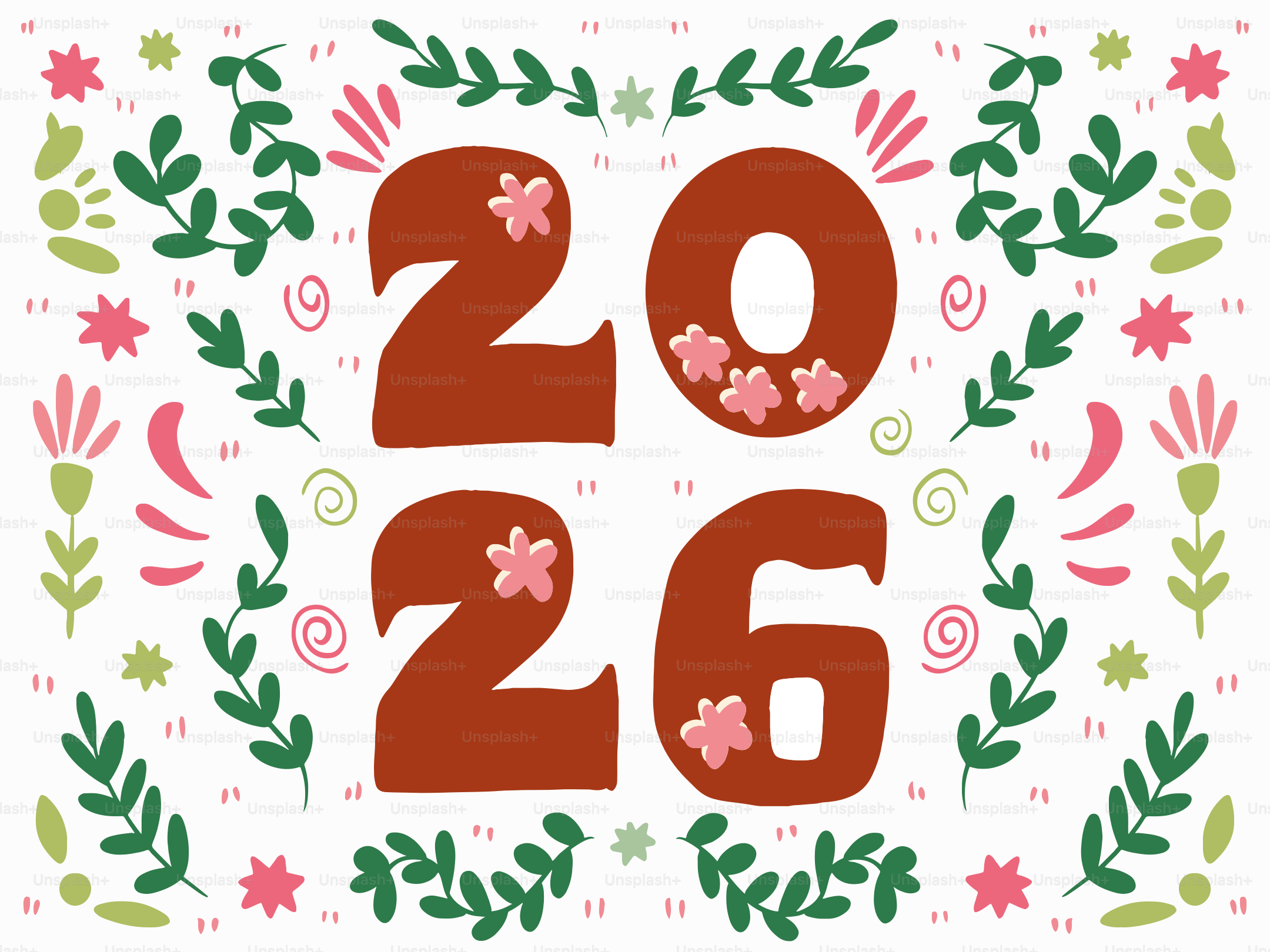 Jahr 2026 umgeben von Blumendekorationen