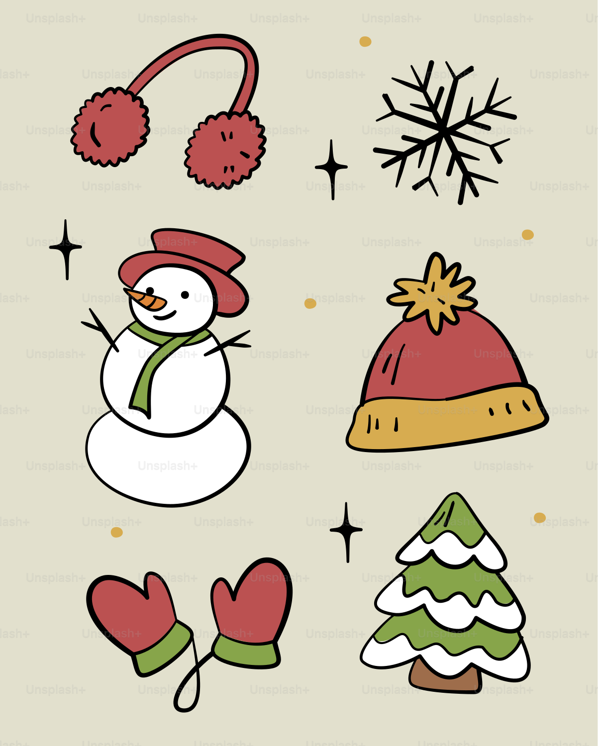 Winter elements: snowman, snowflake, hat, mittens, and tree.