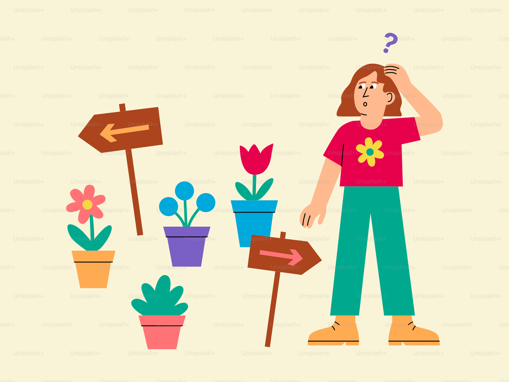 Confused person stands by directional signs and potted plants.