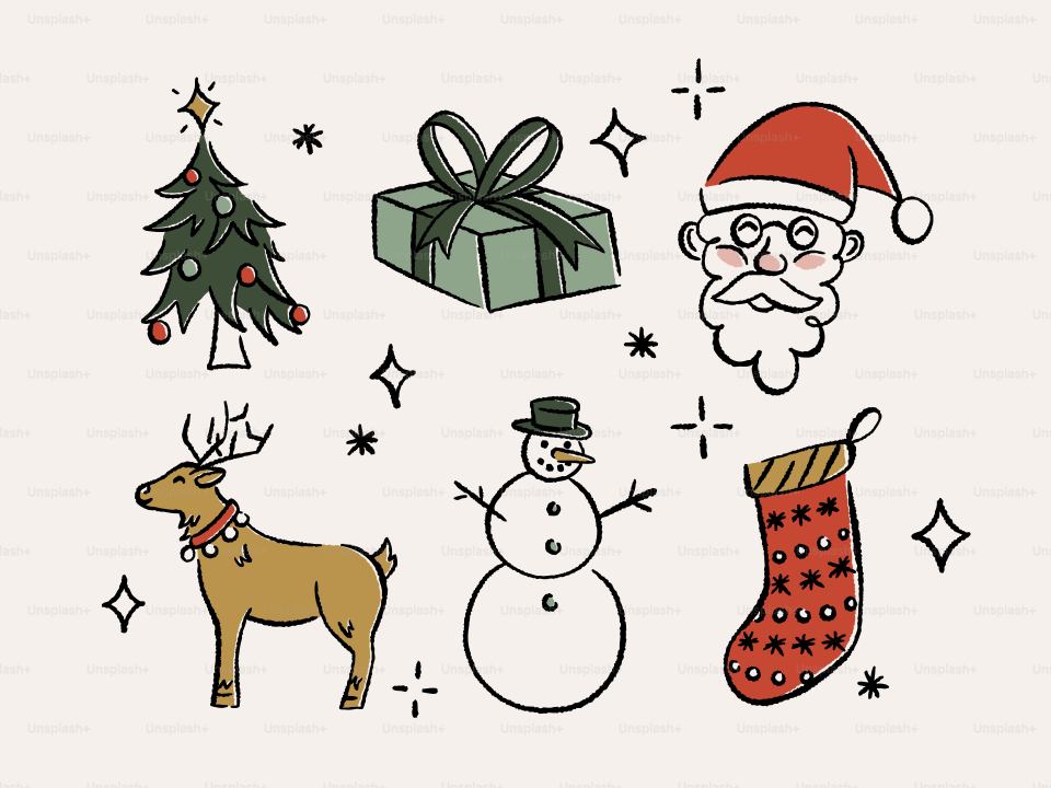 Christmas icons: tree, gift, santa, reindeer, snowman, stocking