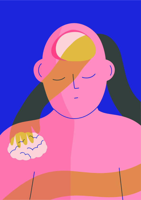 Person with a brain illustration on shoulder.