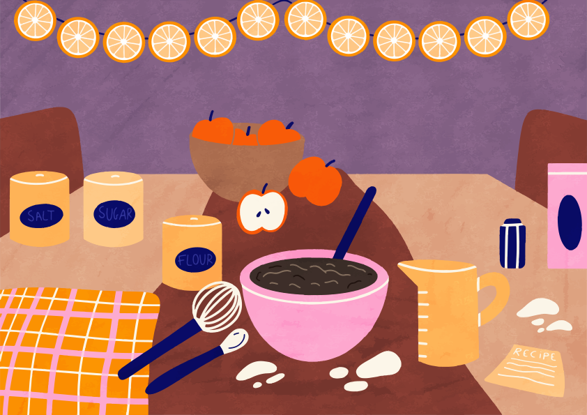 Baking ingredients and apples on a table