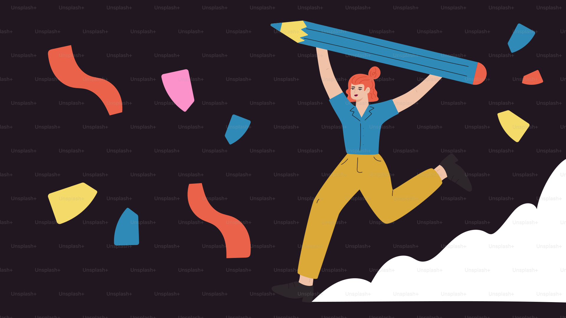 Woman with giant pencil celebrates with confetti.