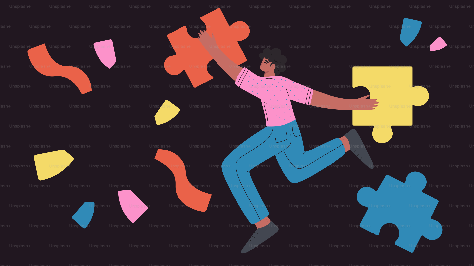Person assembling puzzle pieces with confetti