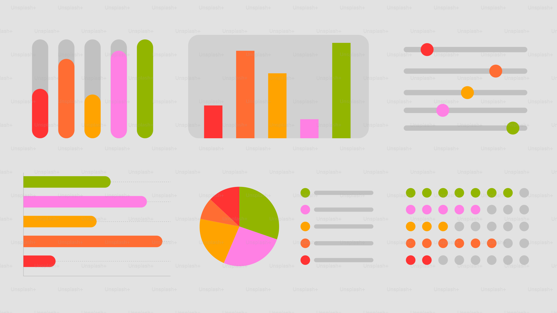 Colección de gráficos y tablas de datos coloridas.
