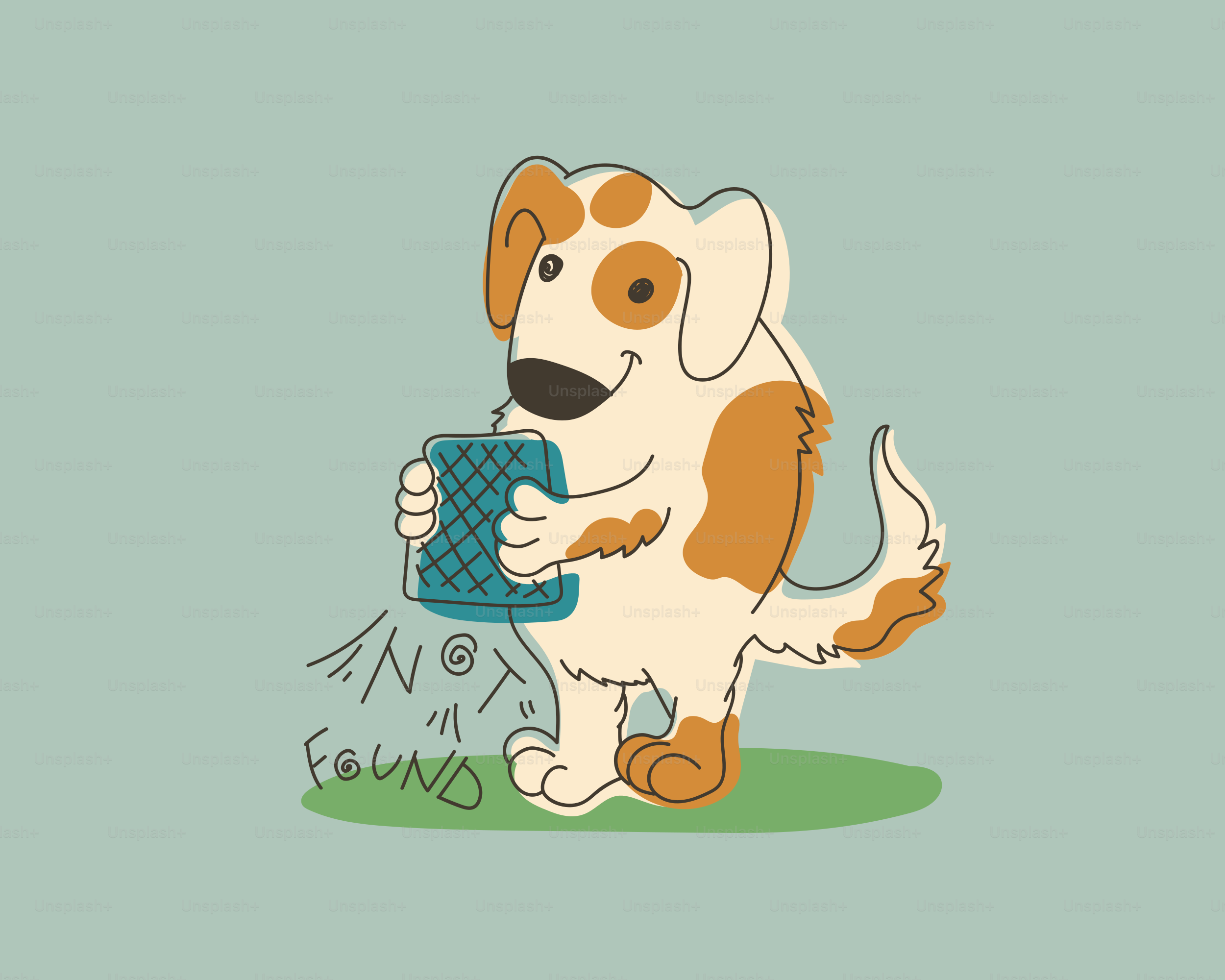 Ein Hund, der einen blauen Gegenstand mit der Aufschrift "Nicht gefunden" hält.