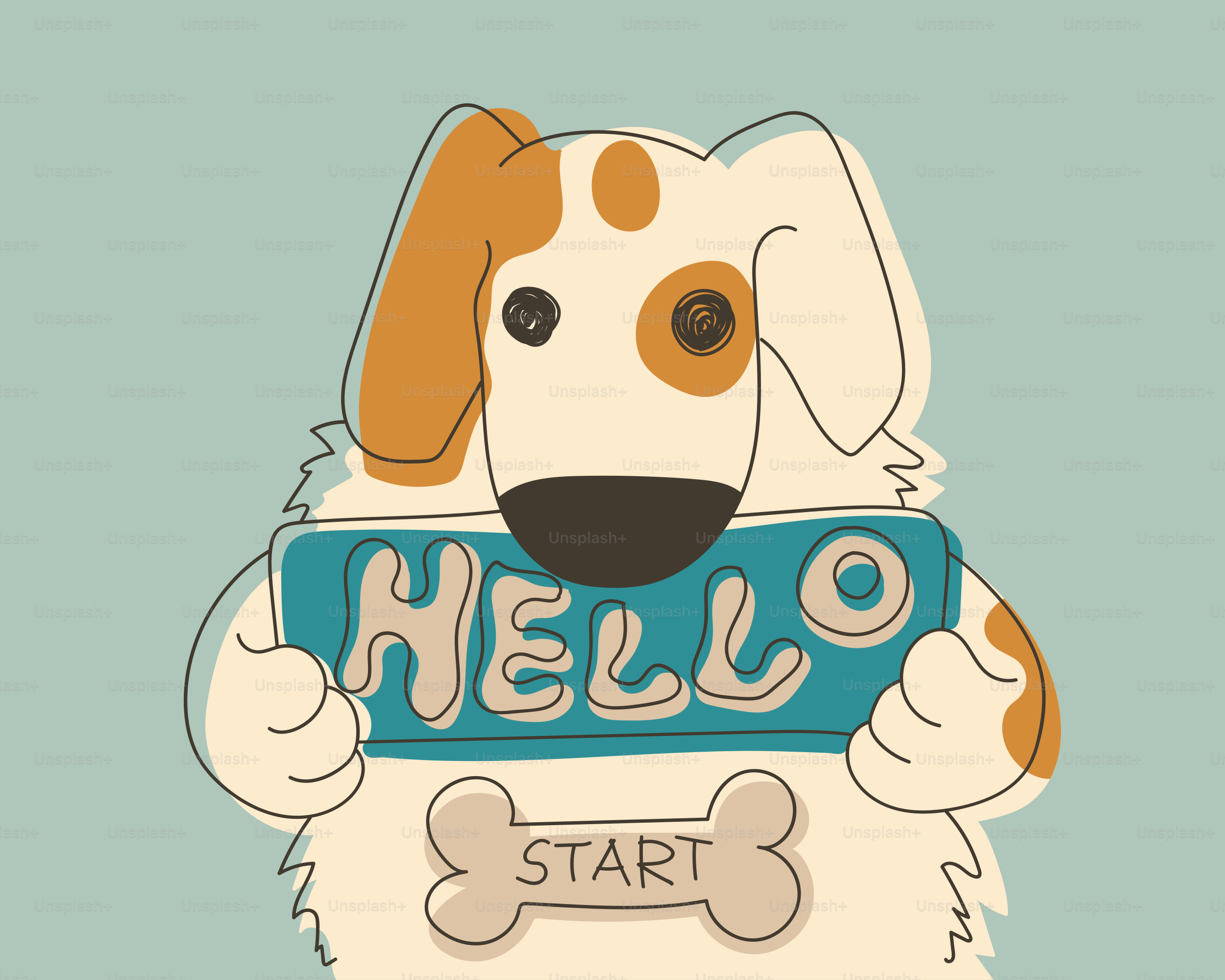 A cute dog holds a sign that says hello.