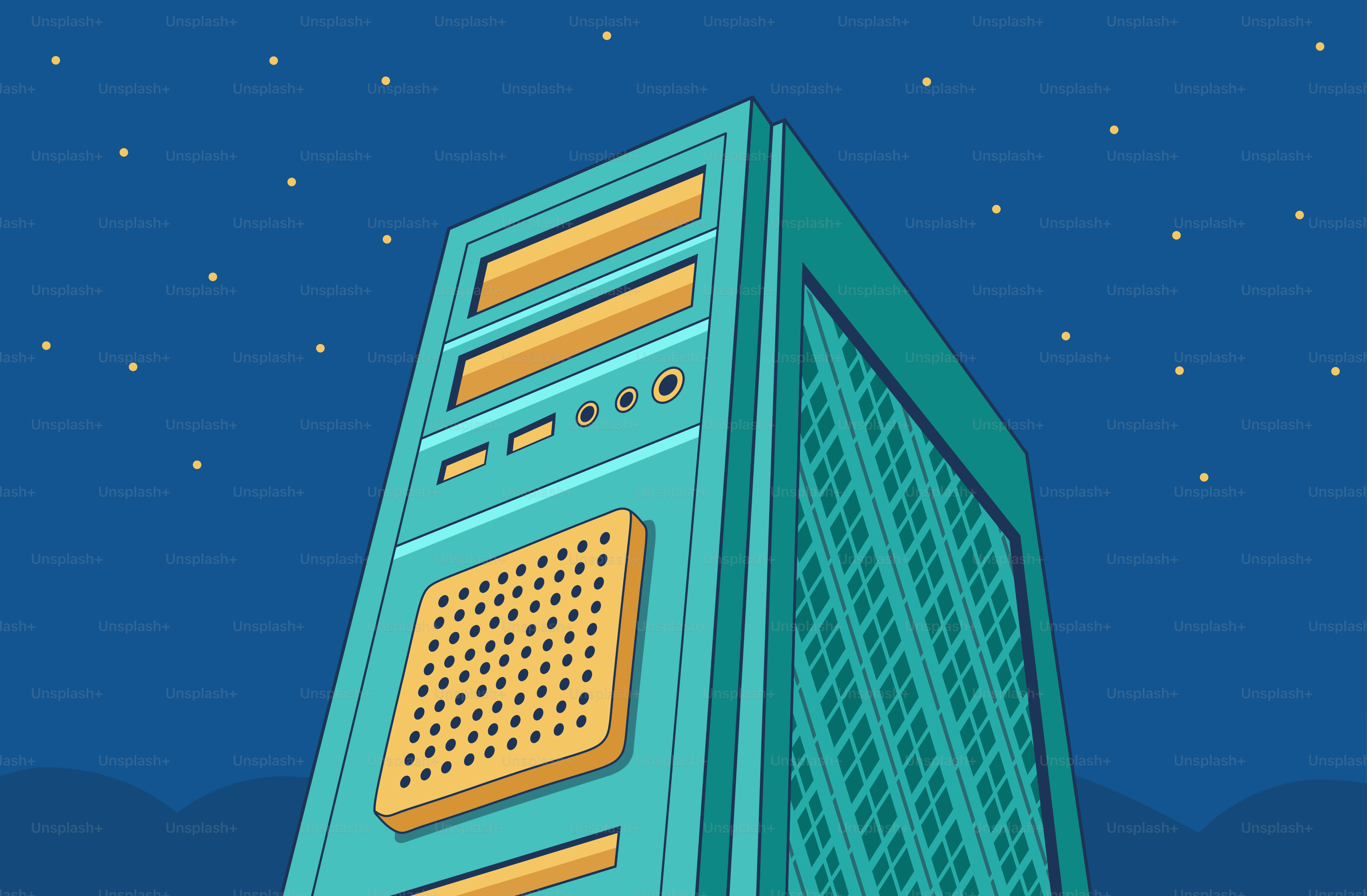 Una torre di computer verde acqua contro un cielo notturno stellato.
