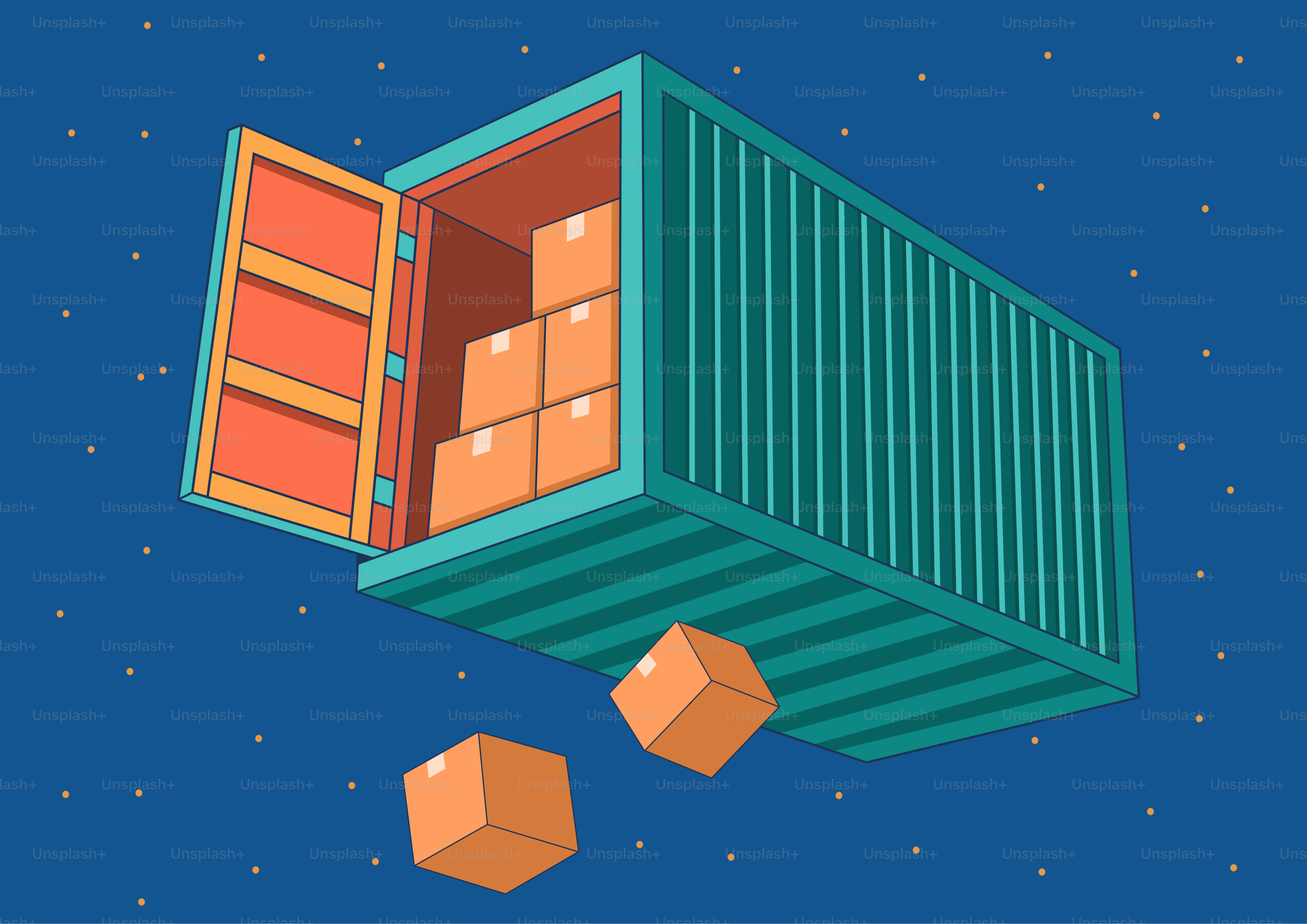 Container di spedizione con scatole che cadono