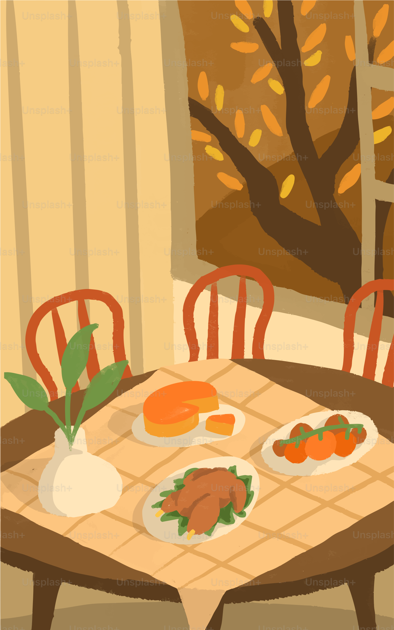 Thanksgiving dinner table with roasted turkey and autumn view.