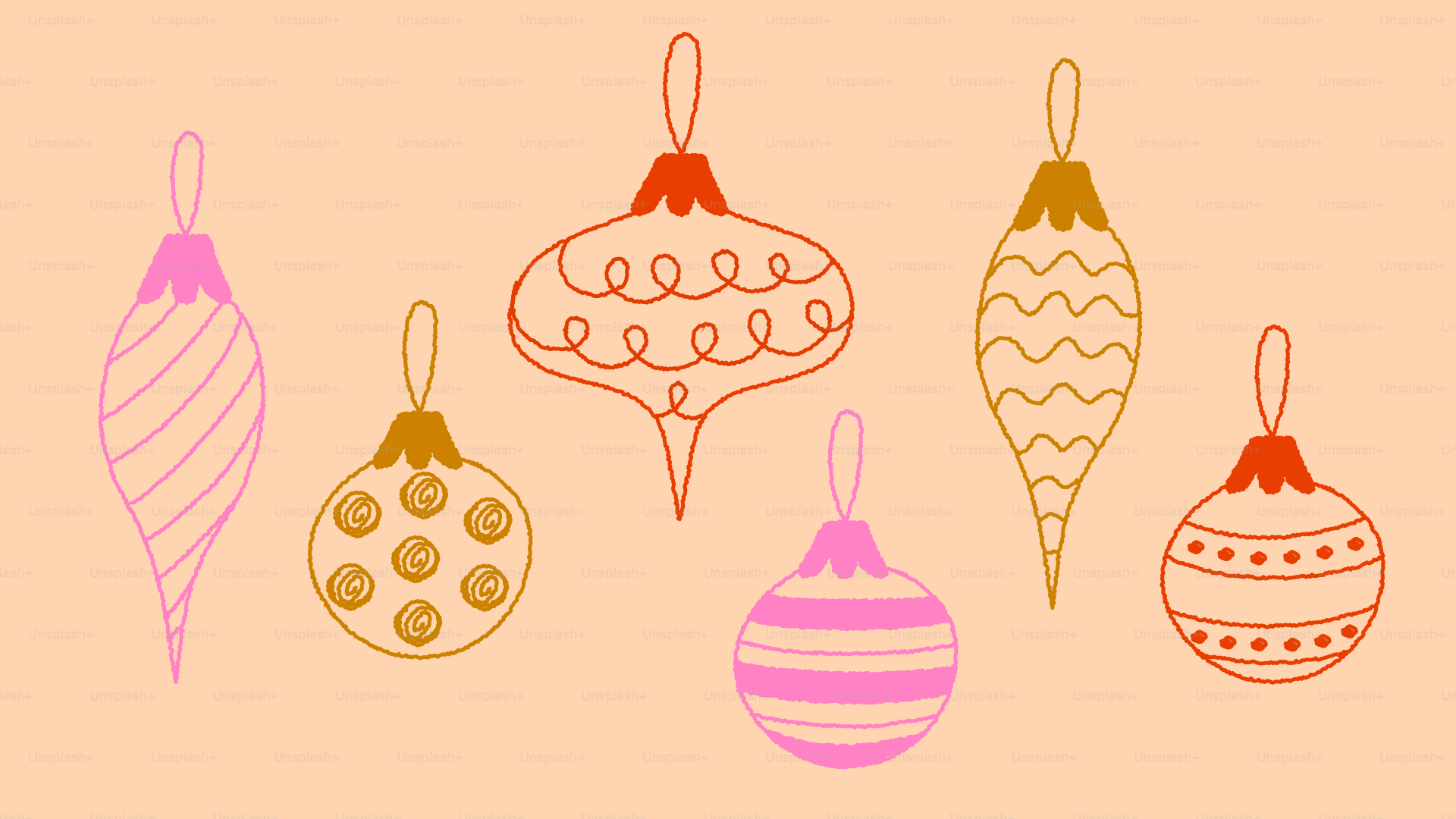 Several vintage-style christmas ornaments on a peach background