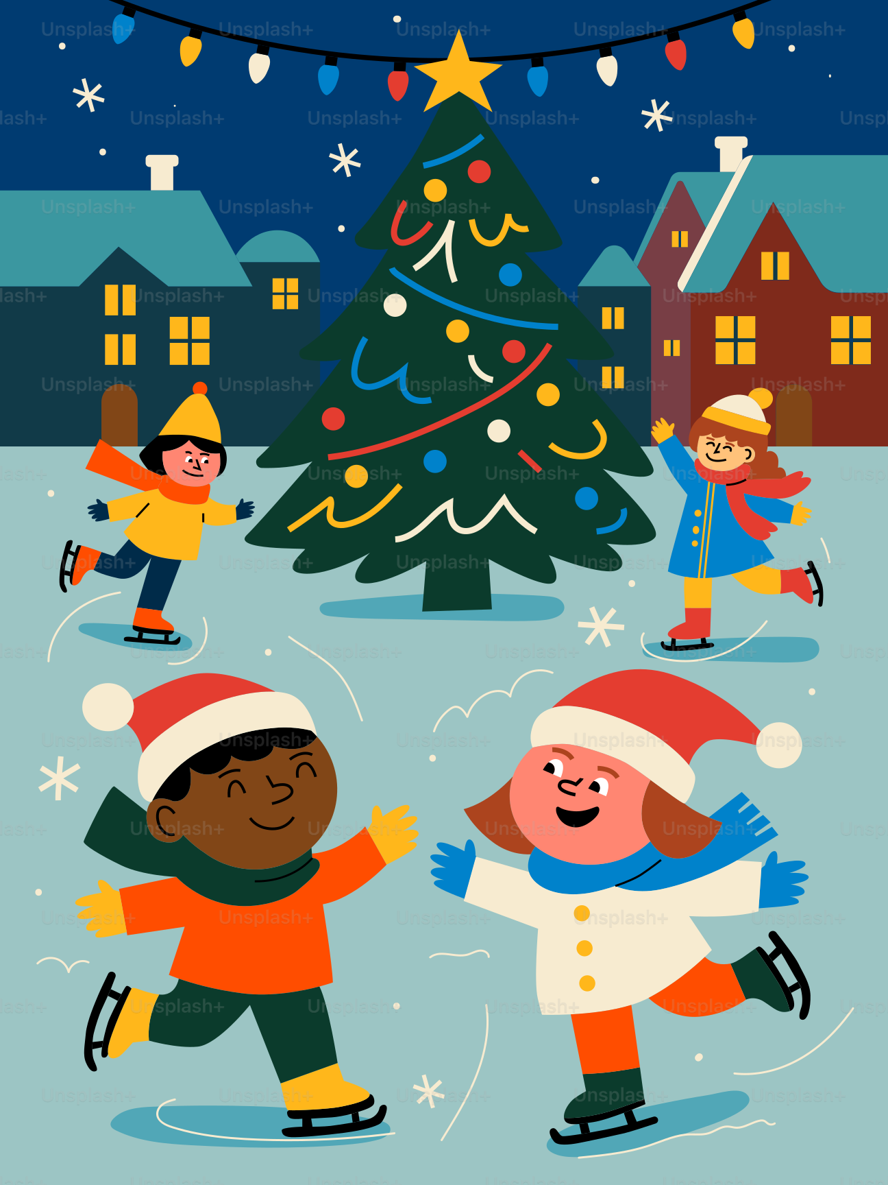 Children ice skating around a christmas tree at night.