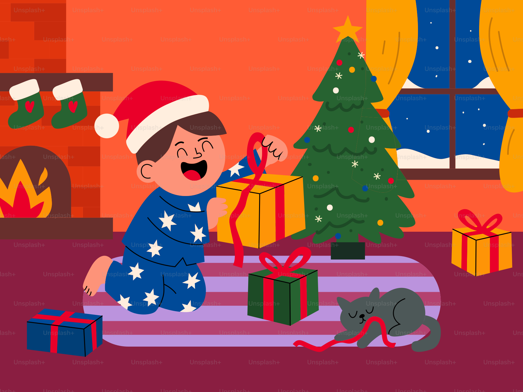 Child opening christmas presents with cat near tree