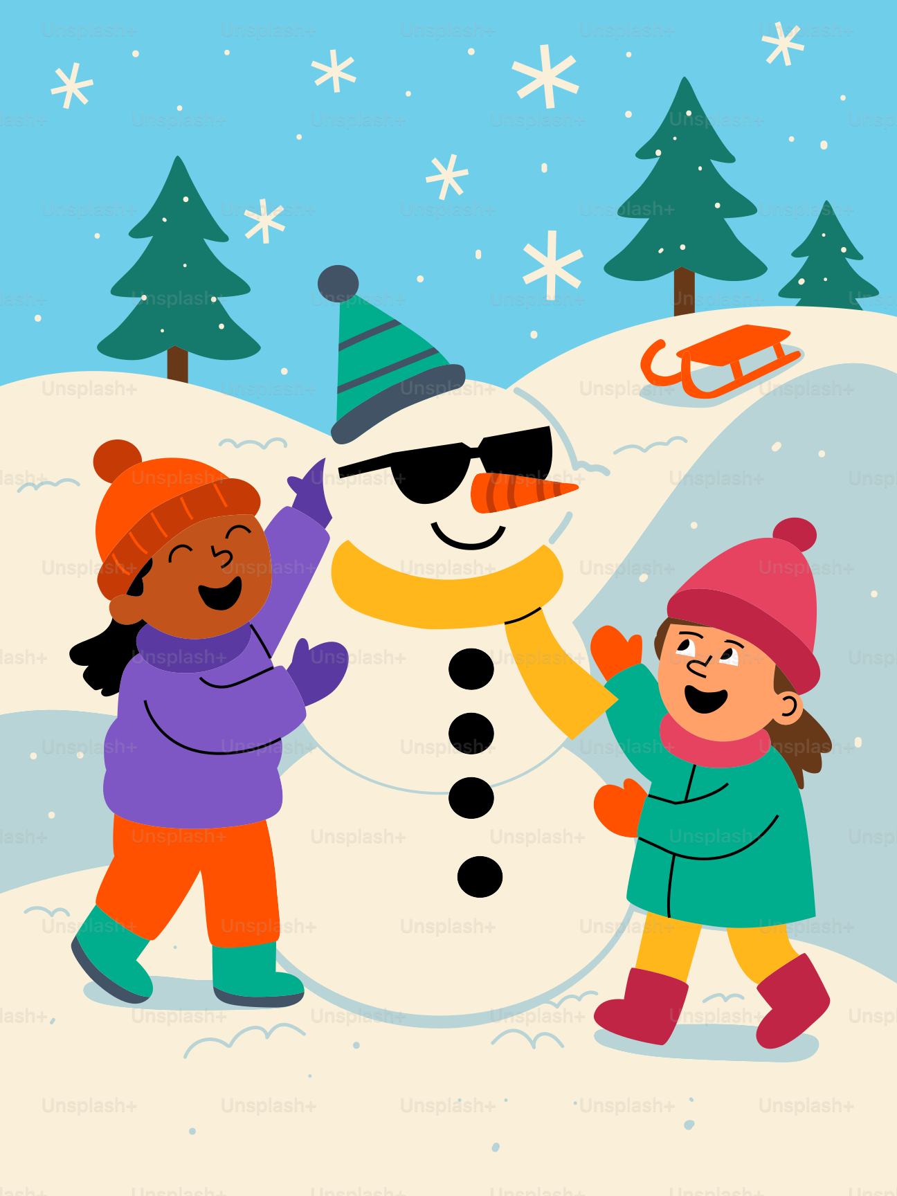 Two children build a snowman in the snow.
