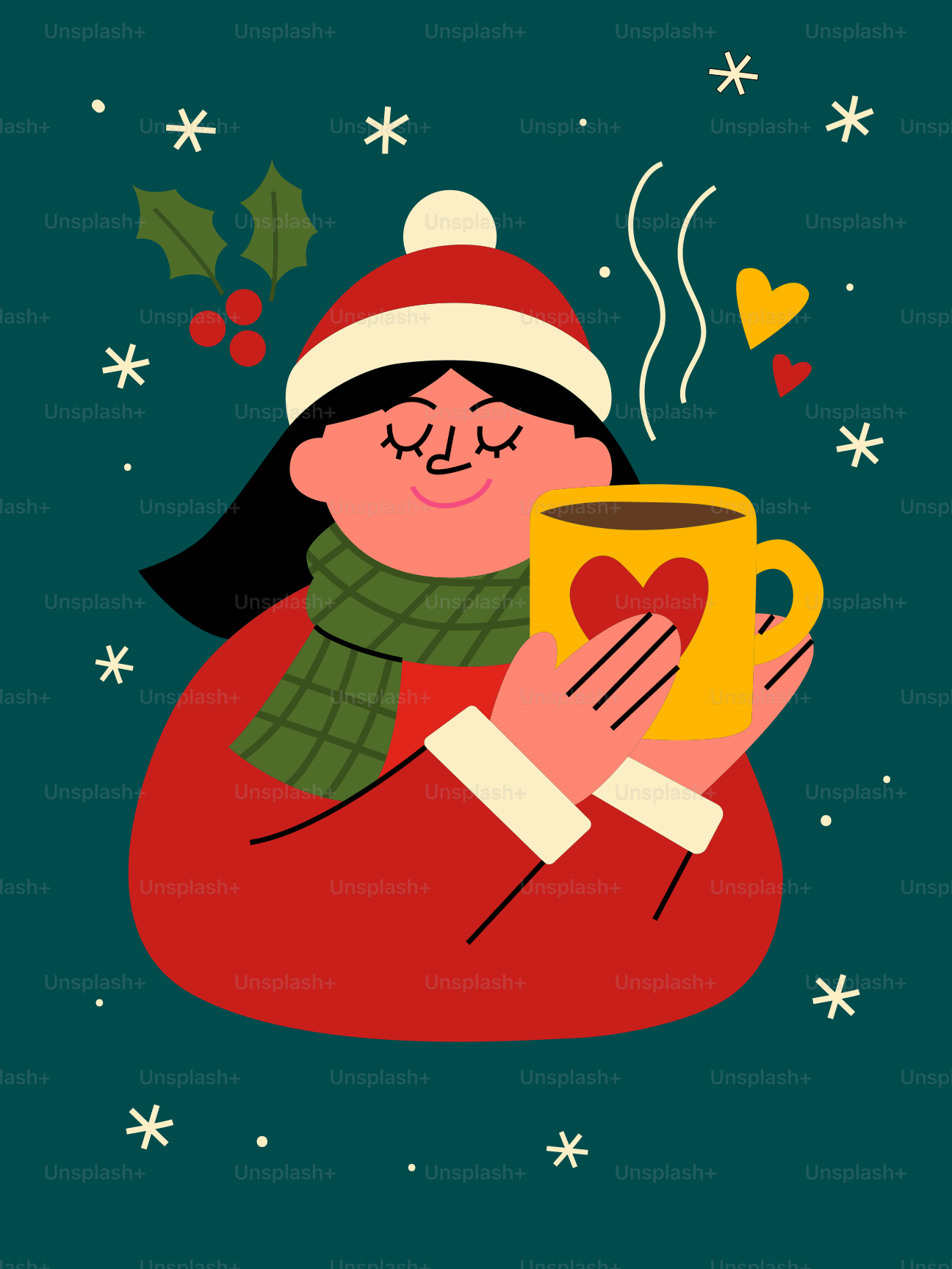 Woman holding a warm mug with hearts