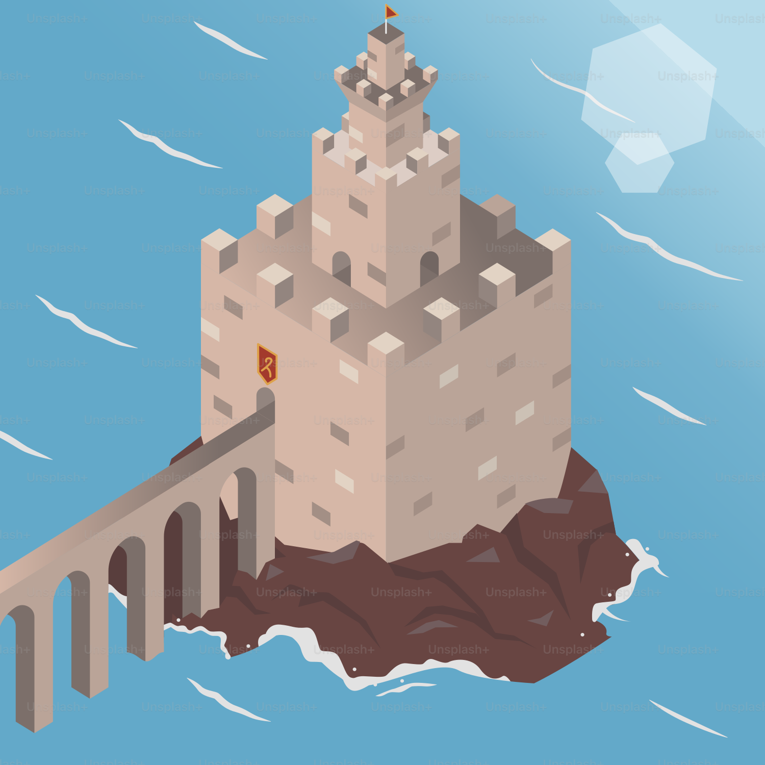 A stone tower on a rocky island connected by bridge.