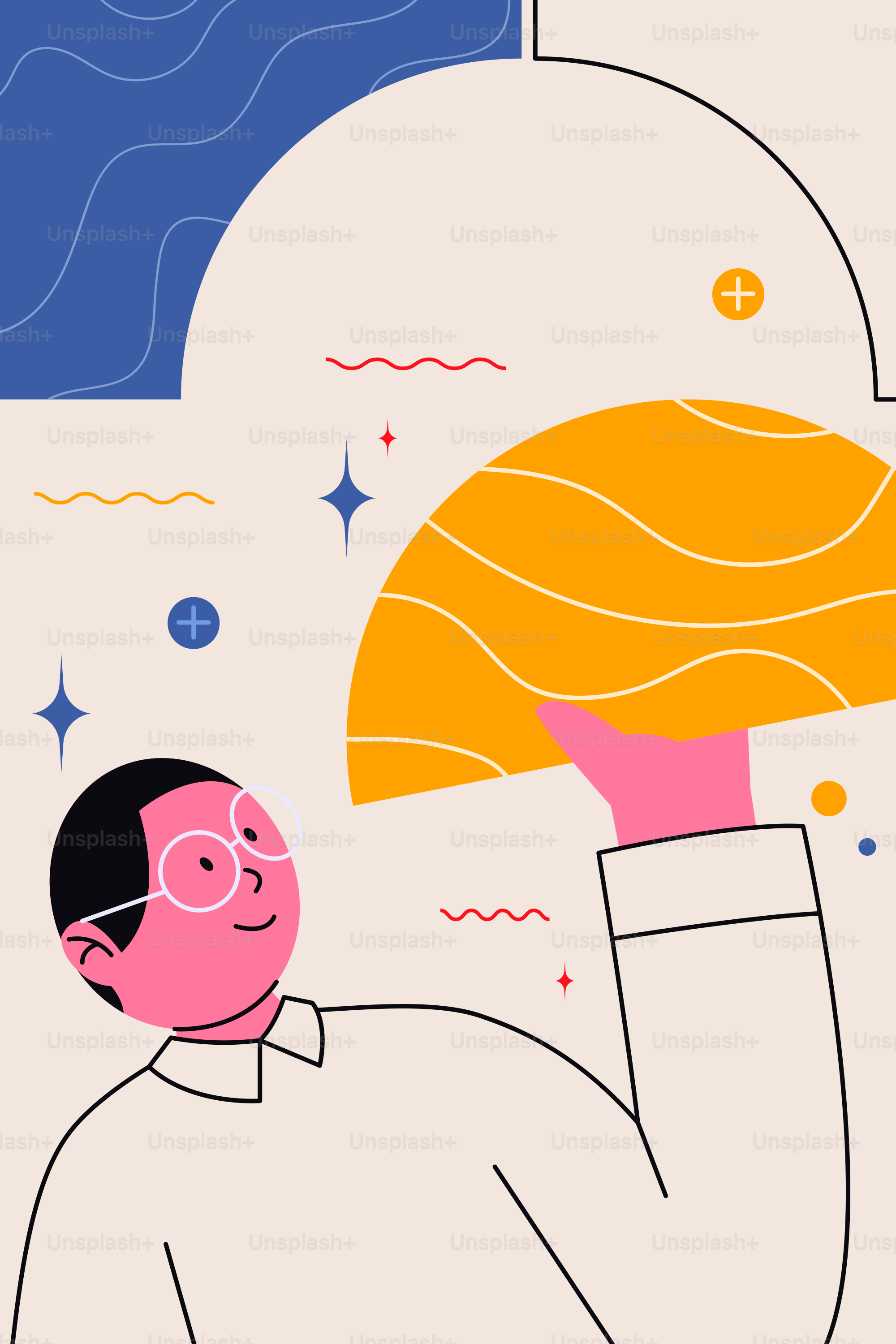 Mann hält einen großen orangefarbenen Fächer mit abstraktem Hintergrund