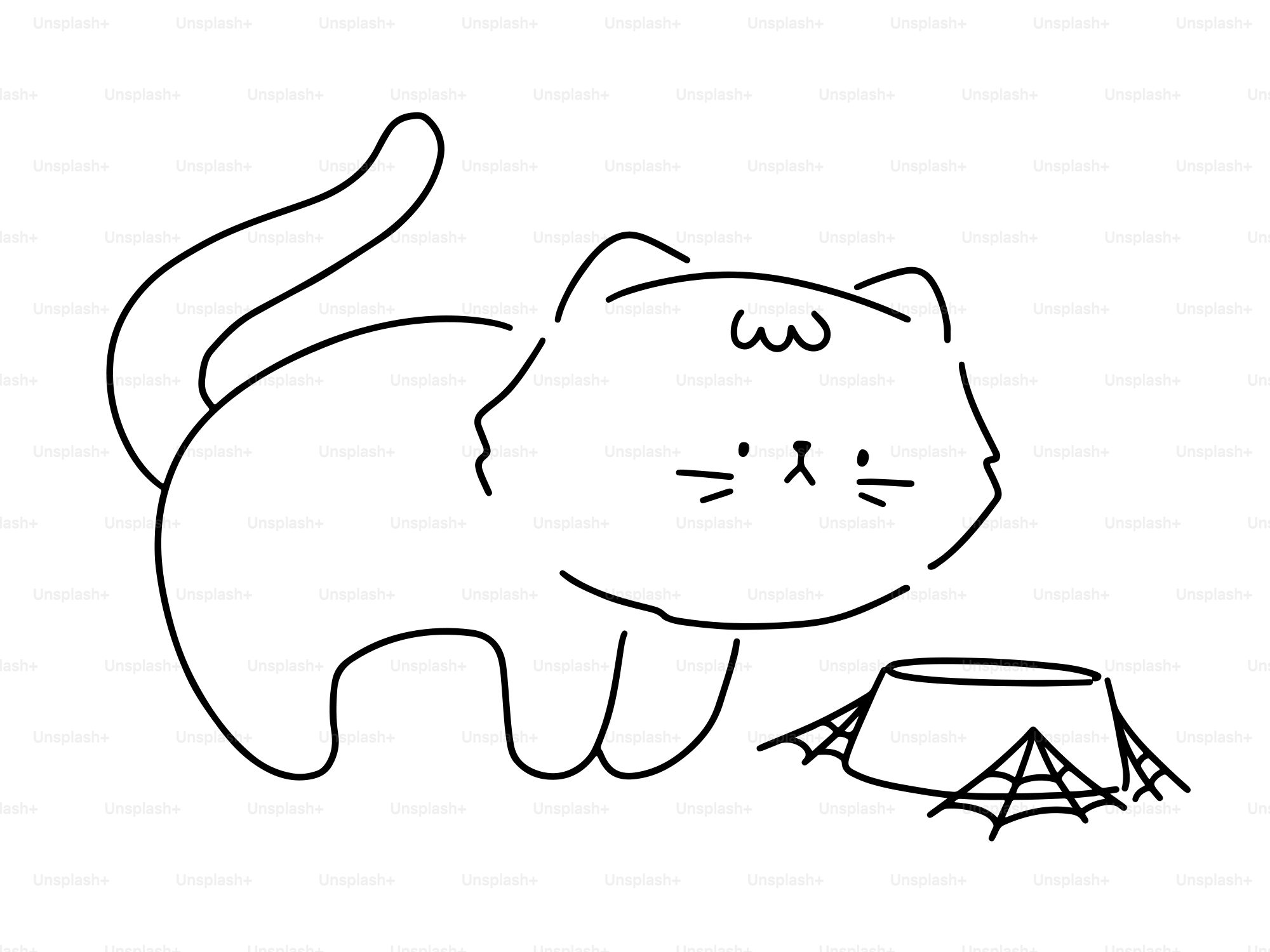 A cute cat stands next to a spiderweb-covered bowl.