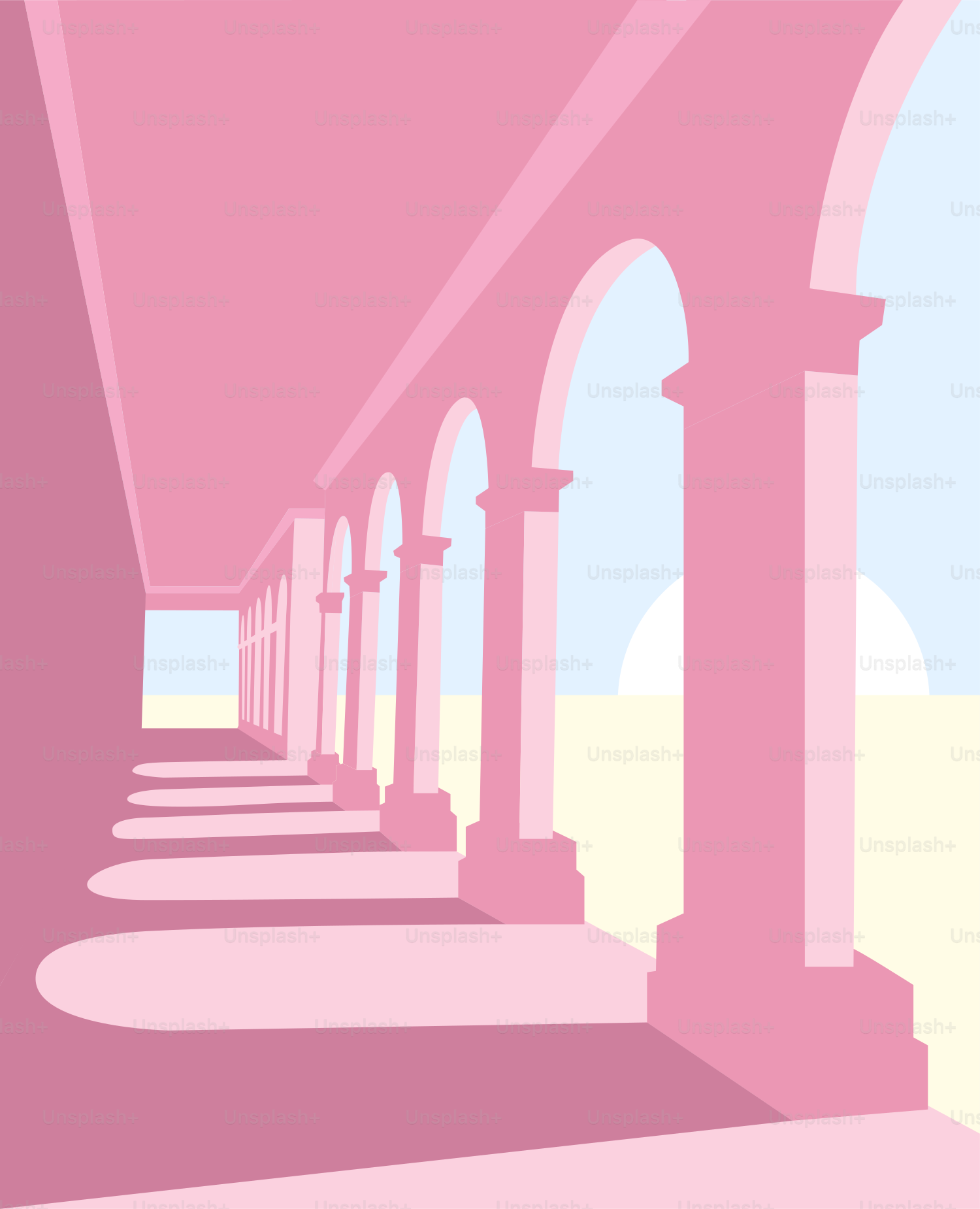 Colonnade rose avec arcs et ombres