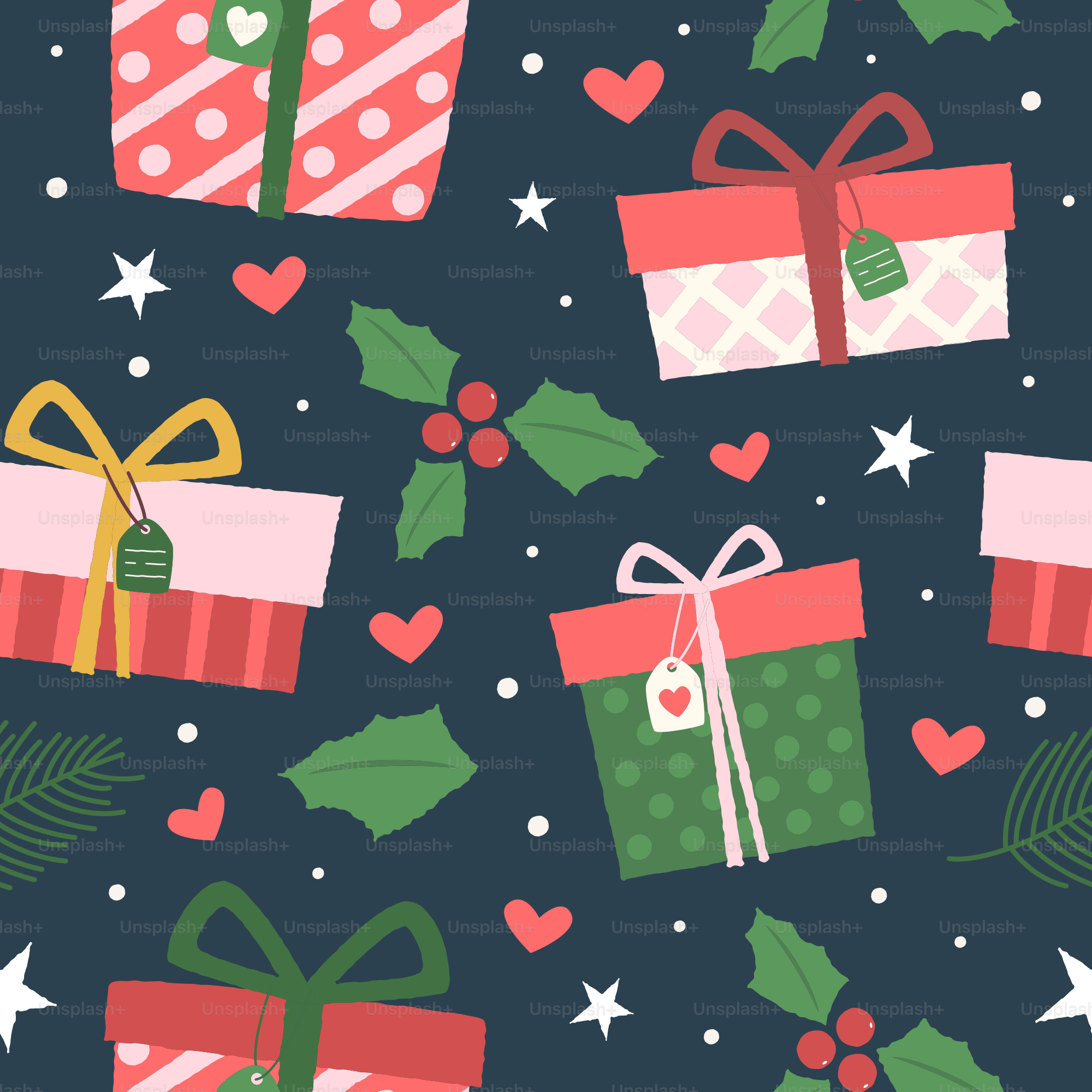 Christmas presents and holly scattered on dark background.