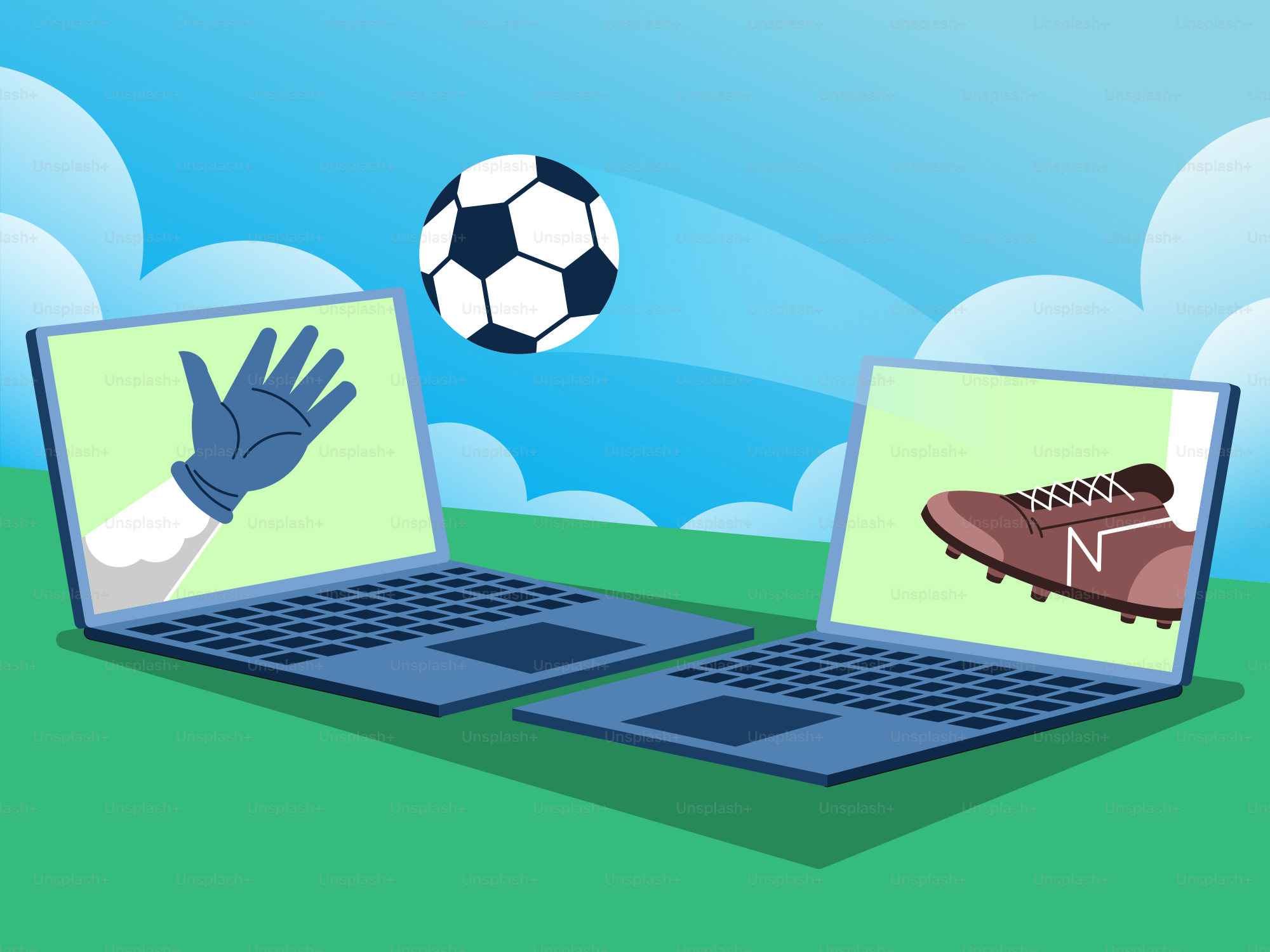 Soccer ball flying between two laptops with sports imagery.