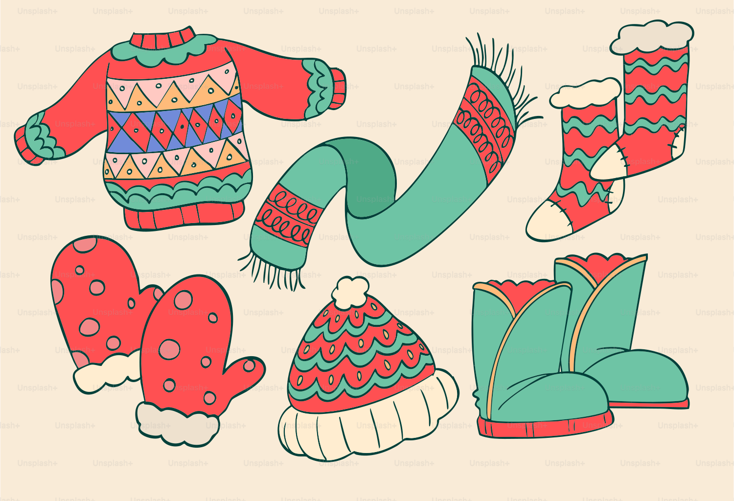 Winter clothing set with sweater, scarf, hat, mittens, socks, boots