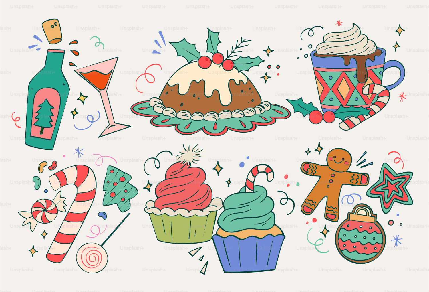 Weihnachtsleckereien wie Pudding, Cupcakes und Lebkuchenmann.