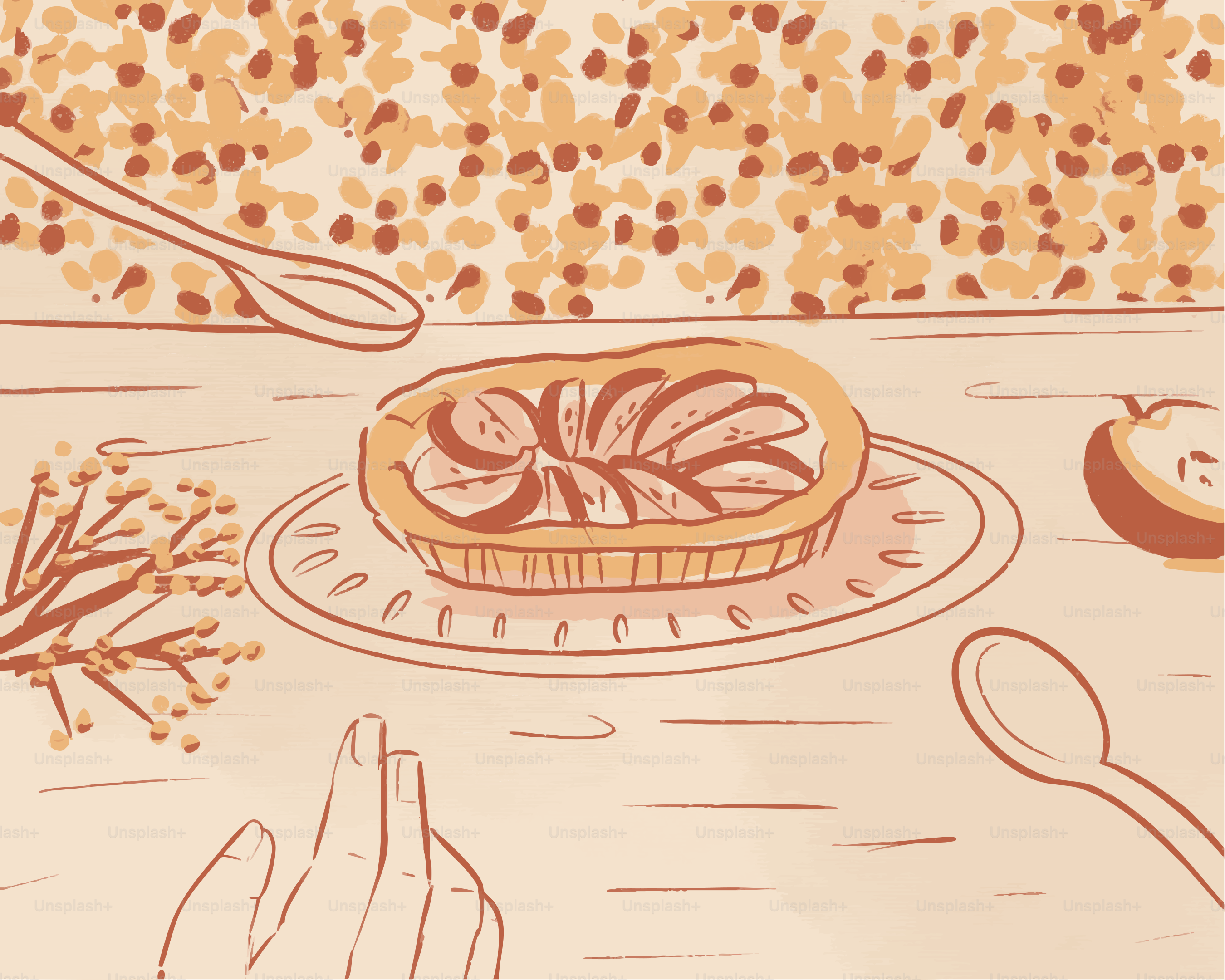 An apple tart is served on a plate with spoons.