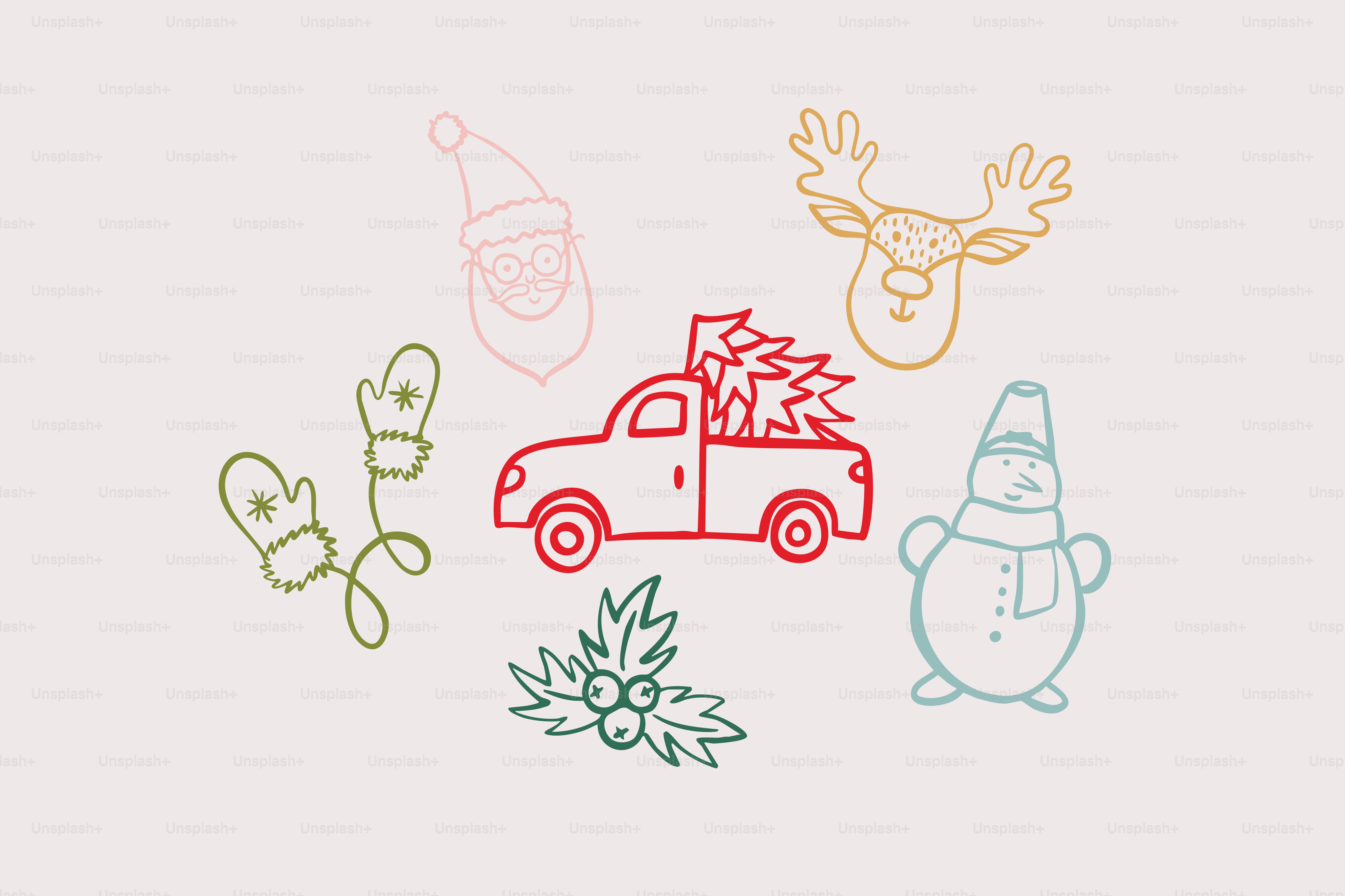 Christmas icons: santa, reindeer, snowman, truck, mittens, holly