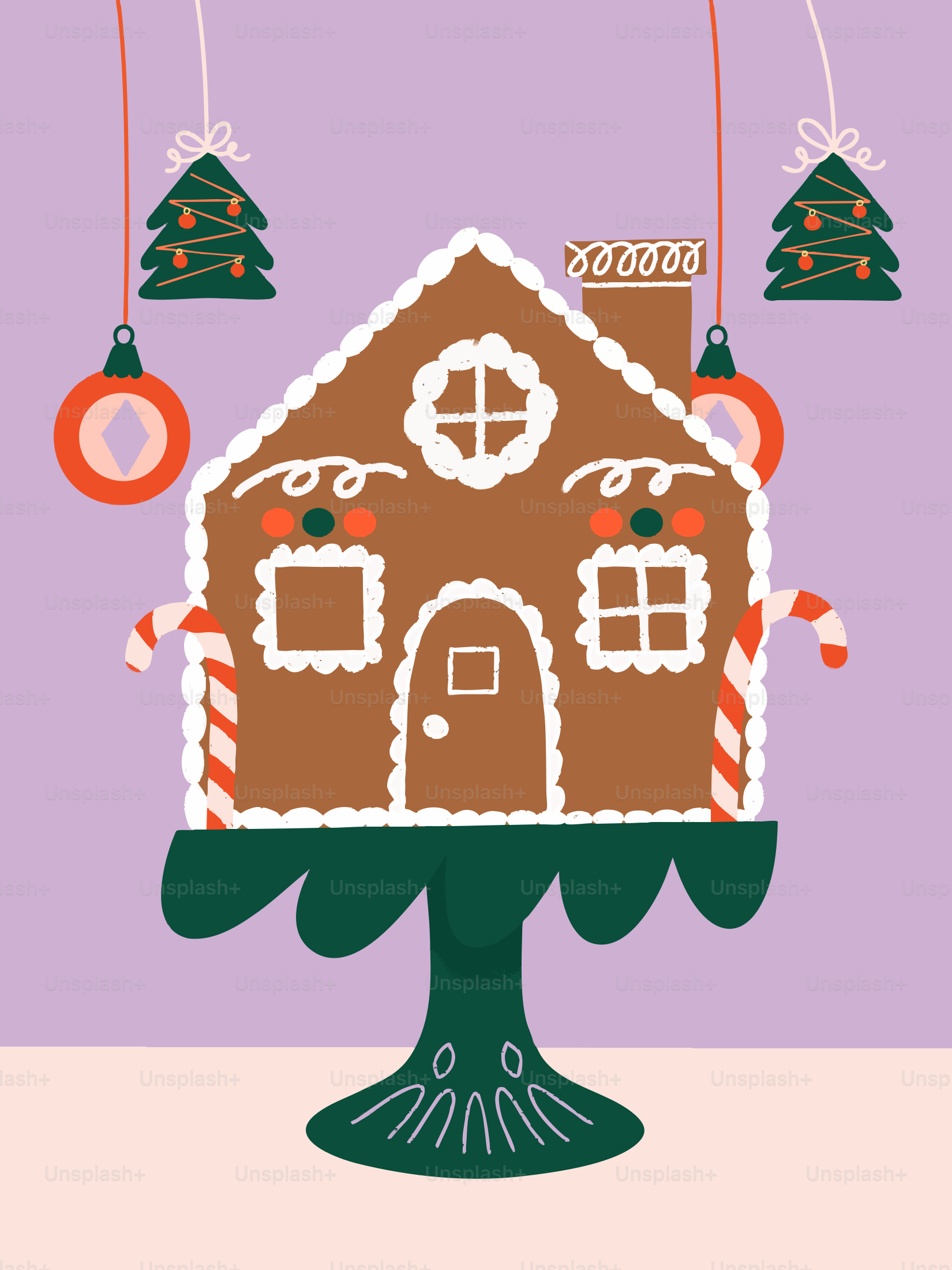 Decorated gingerbread house on a stand with ornaments