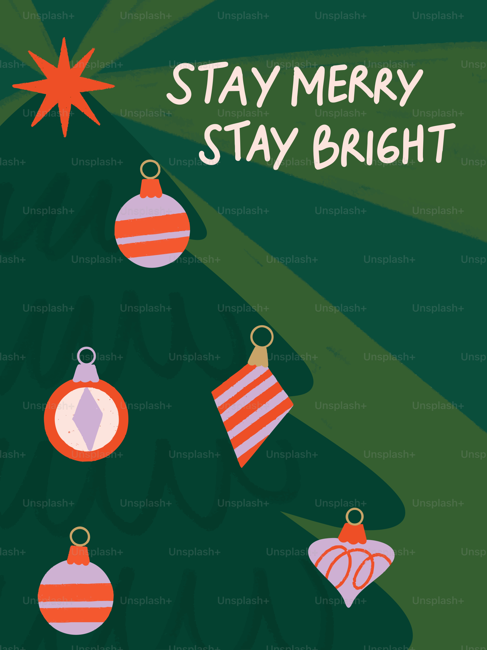 Christmas tree with ornaments and text "stay merry stay bright"