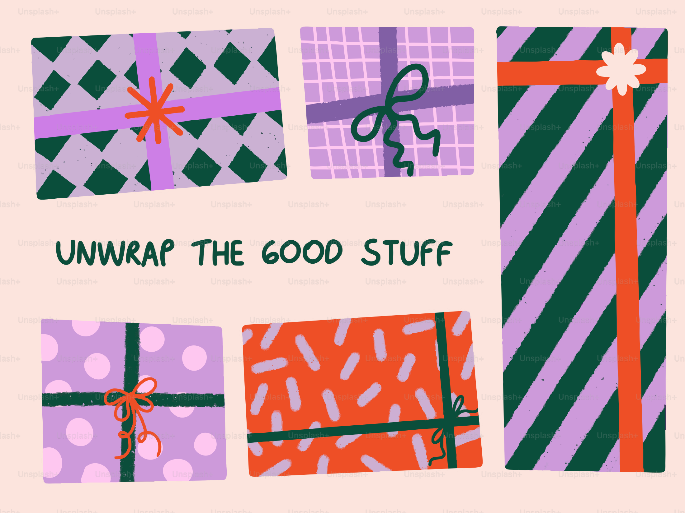 Several wrapped gifts with colorful patterns and patterned paper.