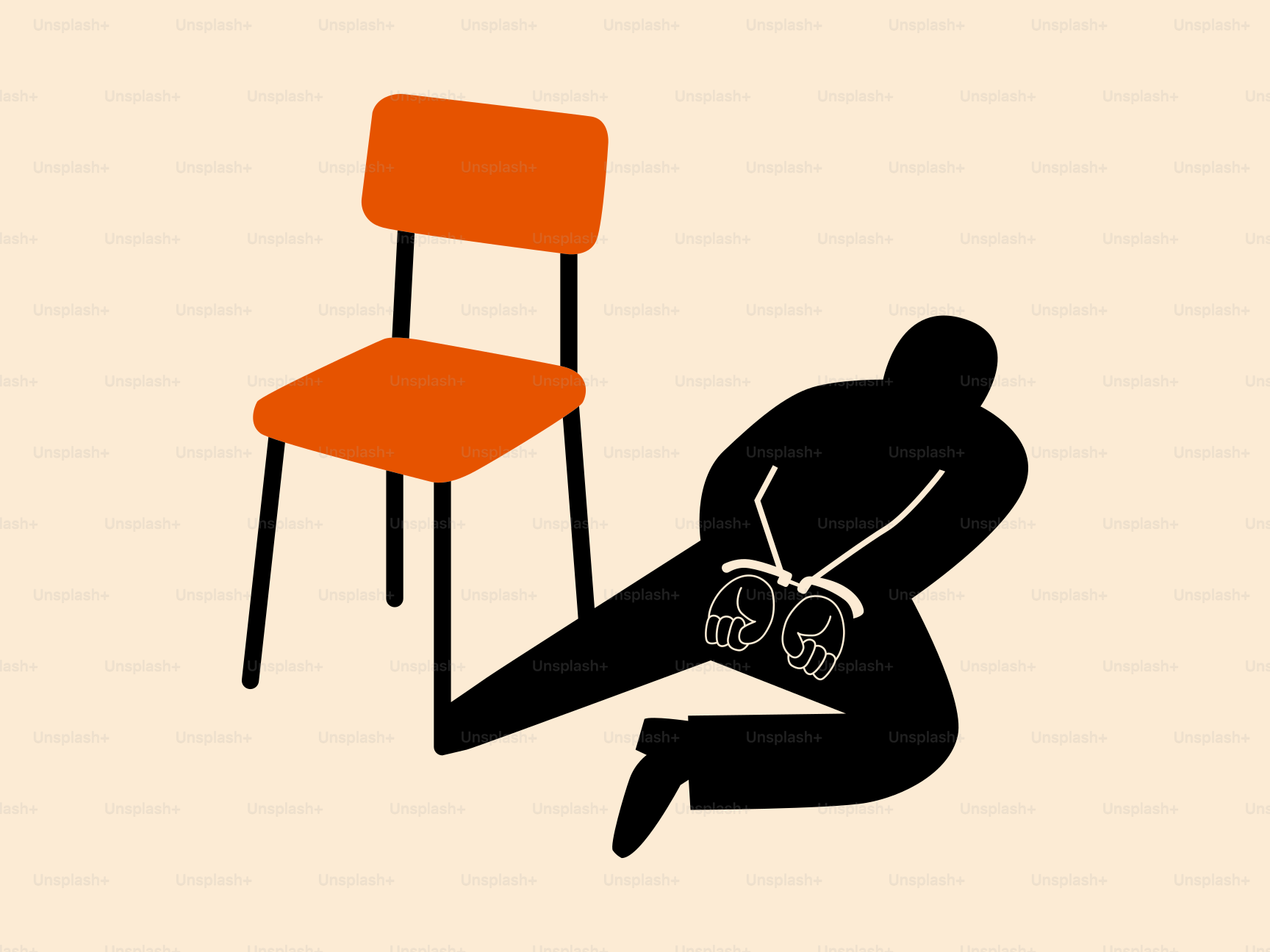 Figura de silueta esposada en el suelo cerca de la silla