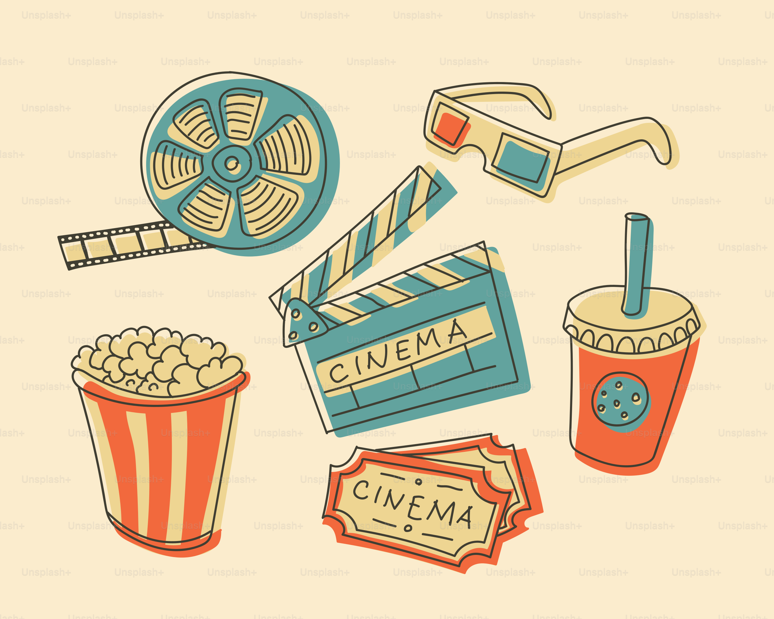 Icone dei film cinematografici: popcorn, biglietti, battiniera, bobina, occhiali 3D.