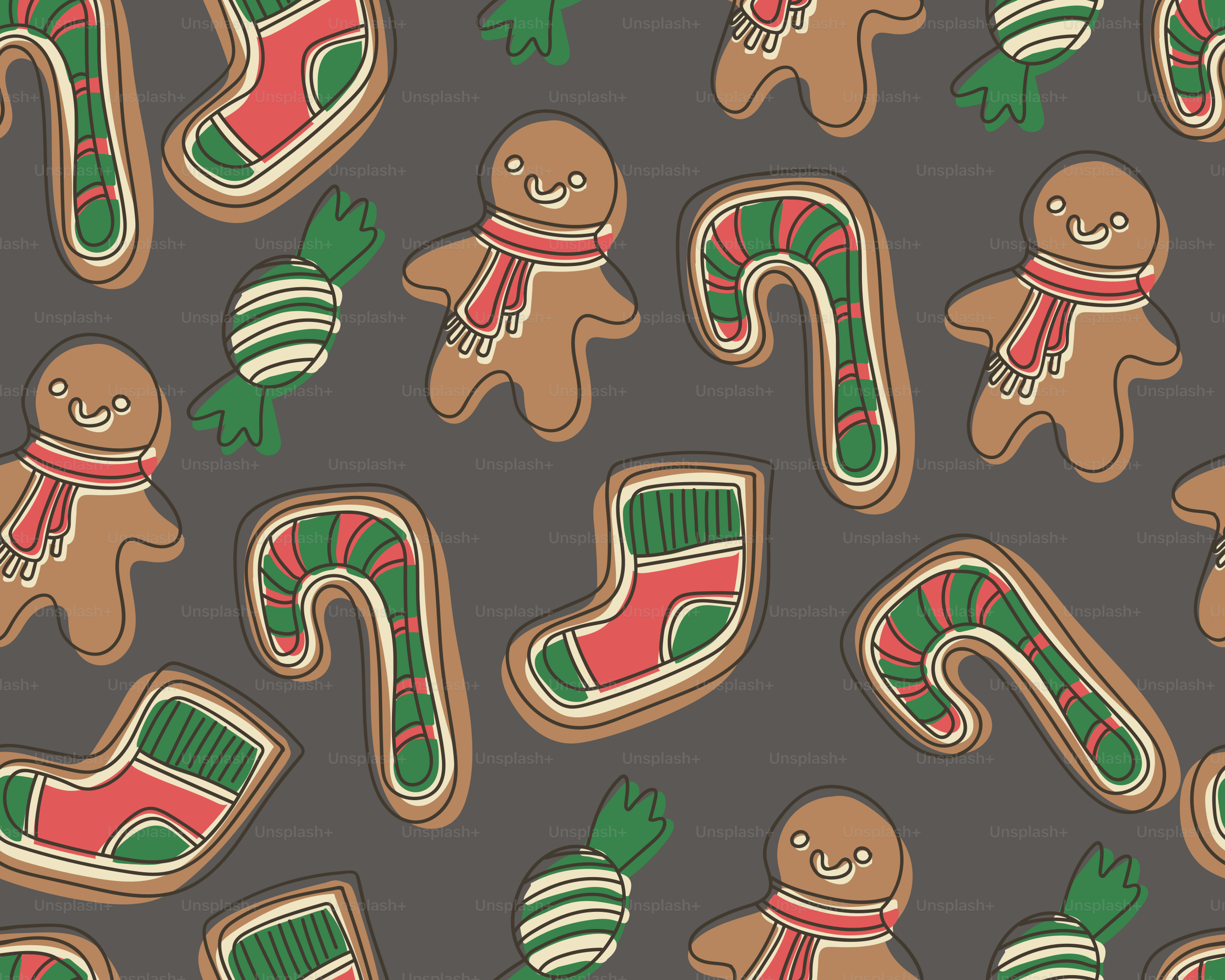Christmas gingerbread cookies, candy canes, and stockings pattern